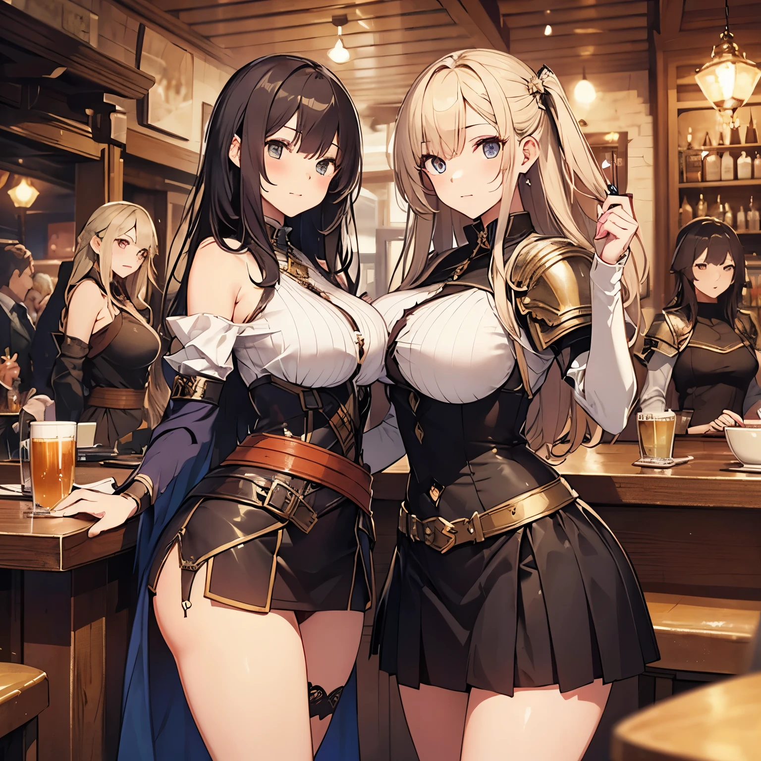 A group of female adventurers set in a medieval fantasy world, (At the pub), Mr.々Hair style, Harem, night, Detailed aspect, Short skirt, Seduce, No sleeve, armor 、showing off panties、Huge Breasts、Big Ass、wide waist width