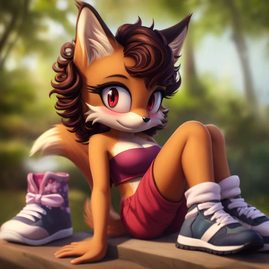 mobian, hedgehog, two-tone fur ((orange fur, brown fur)), pyjama elastic shorts, strapless crop top, cleavage, high-top sneakers, two-tone hair (brown hair, black tip)), curly hair, halo, sunglasses, jewelry, red eyes, longeyelashes, red eyes, smile, shy, blush, high detail, masterpiece, UHD, anatomically correct, super detail, highres, 4K