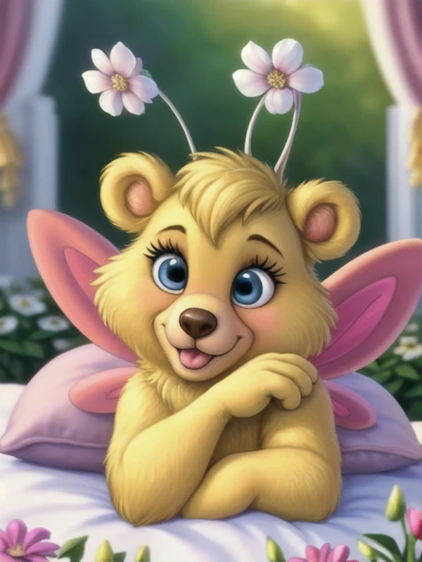 (by thomas kinkaid:1.2), solo, (butterbear), female, full body, (eyelashes:1.3), suggestive, seductive, white flower antennae_(anatomy), insect_wings, short stack, paws, furry, fluffy, (detailed fur, yellow white fur, thick fur:1.2), happy, looking at viewer, bedroom eyes, (three toes:1.3), laying on back, feet showing, legs up,
masterpiece, best quality, 8k, hi res, realistic, meadow, flowers, garden, trellis, full-body, butterbear, antennae_(anatomy), insect_wings, (blue eyes), short round tail, yellow fur, cute, adorable, beautiful, eyelashes, fluffy fur, fur tufts, short legs, short arms, pretty, seductive, slight smile, mouth open, loving, soft eyes, half-lidded eyes, looking at viewer, laying on back, feet sticking up, 3 toes, big feet, tongue hanging out, (flustered:1.2), masterpiece, best quality, realistic, seductive pose, on an elegant bed, elegant pillows, elegant bedroom, hearts, romantic lighting, by thomas kinkade,