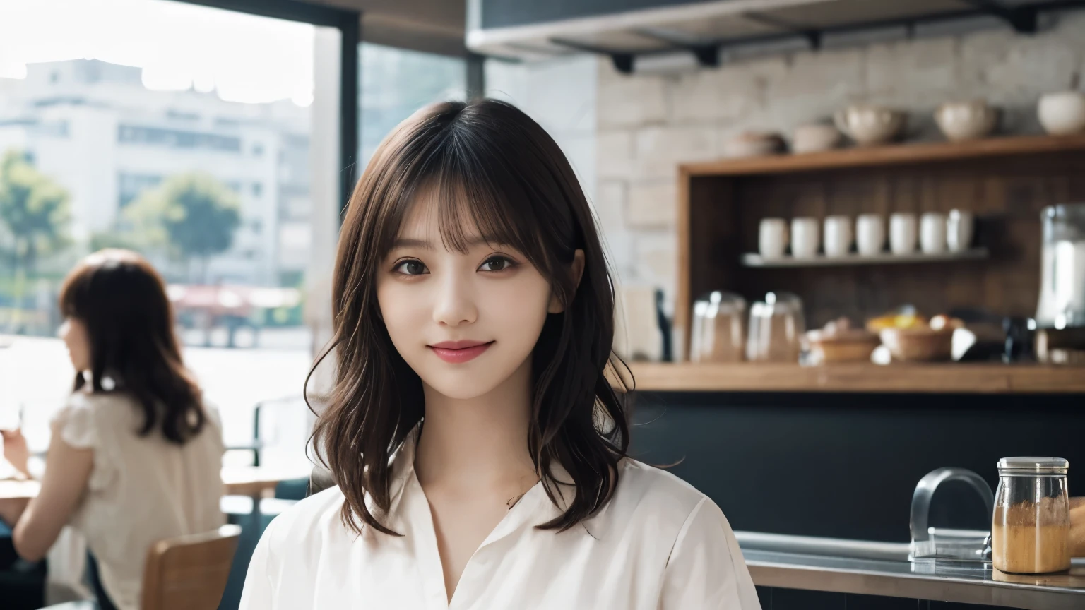super high quality, Short Hair, Slender, Gravure photoshoot, The staff is working at the counter in the back., (8k、RAW Photos、highest quality、masterpiece:1.2), Japanese Idol, The cafe is crowded with people enjoying themselves., (Realistic、Photorealistic:1.37), Mesh Hair, Urban Cafe, Golden Ratio, Raw photo, Cute face , Light Brown Hair, Small breasts, Blurred Background, Spring Clothes, Curly Hair, Well-designed furniture, Beautiful hairstyle, White Shirt, Spoiled, Cafe Terrace, Open Cafe, 20-year-old, A kind smile, Hair blowing in the wind, Neat clothes, Long Hair,