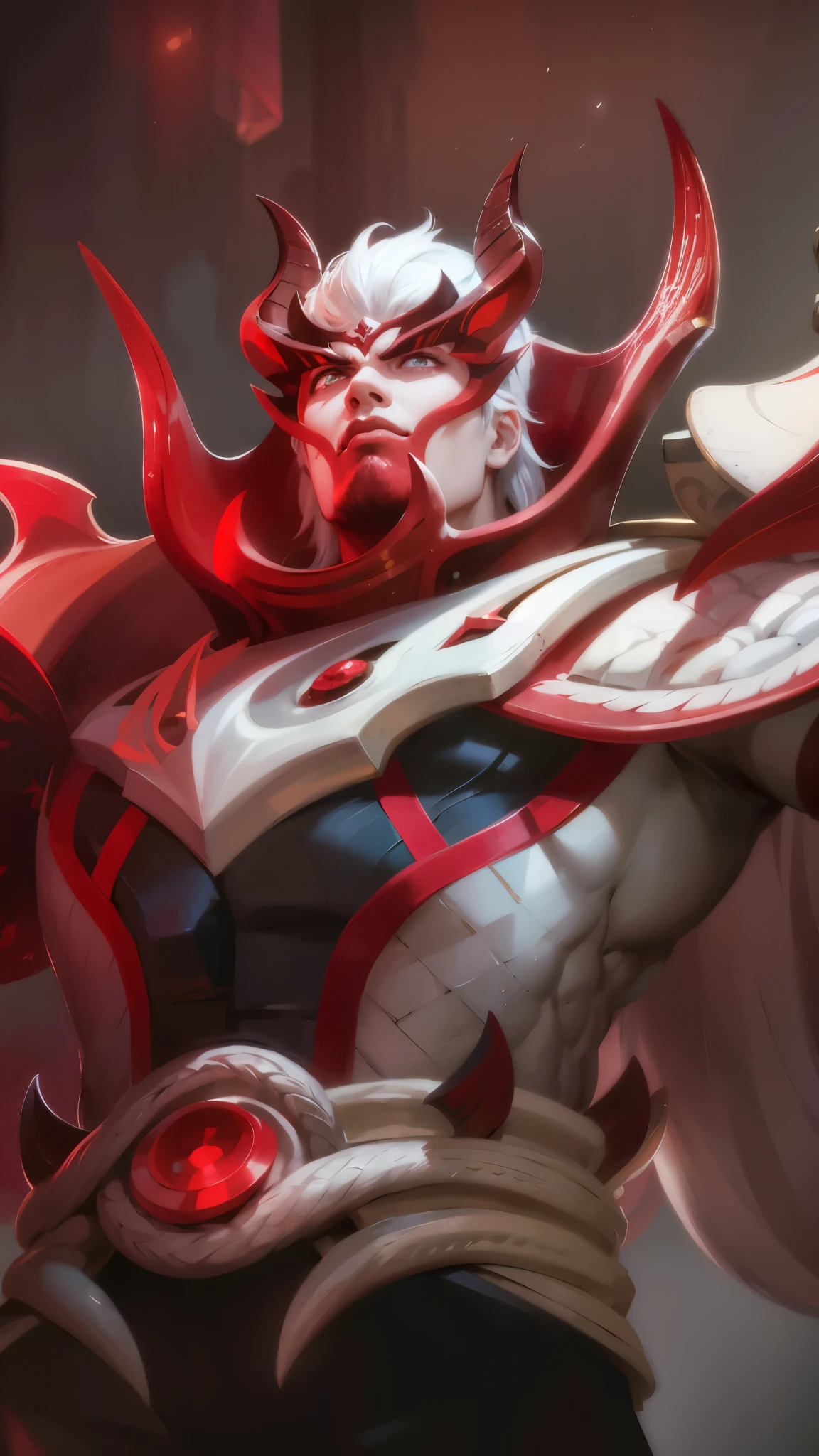 a close up of a man with a red and white costume on, onmyoji portrait, dota 2 concept art, painted portrait of mordekaiser, onmyoji detailed art, inspired by Huang Shen, dota character, dota 2 hero, hero from dota 2, onmyoji, 8k hd wallpaperjpeg artifact, 8 k hd wallpaperjpeg artifact, Best quality, masterpiece, detailed skin texture, detailed clothes texture, detailed face, super detail, 8k, intricate detail, 1 boy, The color doesn't change, Muscle guy, 1 guy, red eyes, looking aways.