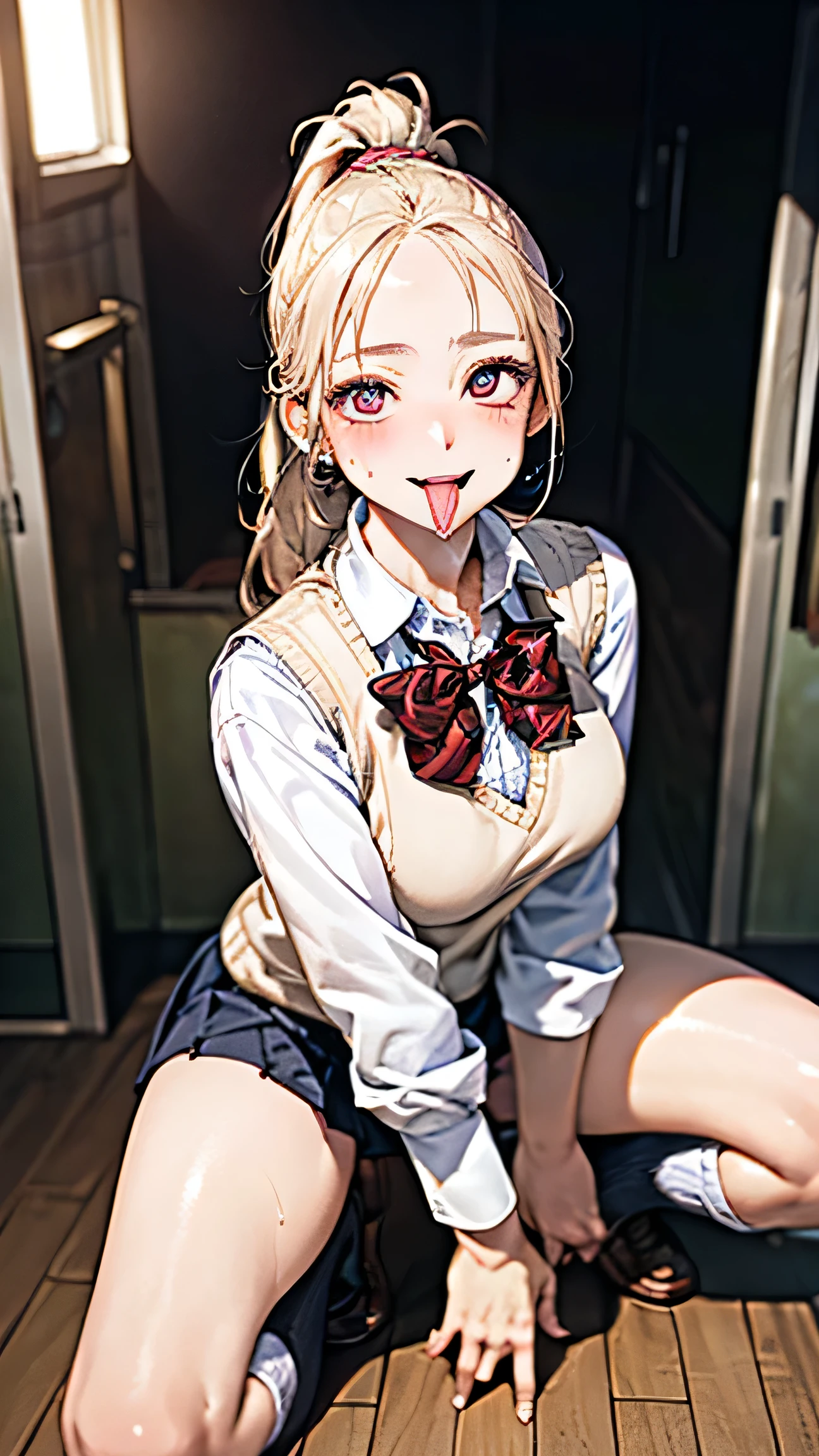 (masterpiece:1.2, highest quality), (Realistic, photoRealistic:1.4), Beautiful illustrations, (Natural Side Lighting, Cinema Lighting), Browsing Caution,
View your viewers, Cowboy Shot, Front view:0.6, 1 girl, Japanese, high school girl, Perfect Face, Cute and symmetrical face, Shiny skin,
(Long Hair:1.8, ponytail:1.7, Blonde), Parted bangs, Golden Eyes, Long Eyelashes, (Large Breasts:1.5, Thick thighs),
Beautiful Hair, Beautiful Face, Beautiful fine details, Beautiful clavicle, Beautiful body, Beautiful breasts, Beautiful thighs, Beautiful feet, Beautiful fingers,
((((Long sleeve)), Roll up your sleeves, White collared shirt, Navy Pleated Mini Skirt, Black socks, Brown Loafers, Red bow tie, Beige sleeveless knit vest)), Pink Panties,
evening,classroom, (Sexy Eyes, Cross-eyed,Watery eye,Toro eye), (((Spread your legs wide)))、Spread your legs、Leg spread,(((Stick your tongue out))),Drooling,Sweat,Hands tied,tie your hands,Tied down,Handcuffed,Underwear in full view
