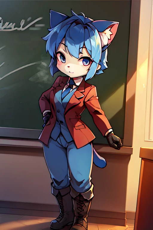 boy, cat, furry, bodyfur, blazer, bottomless, blue tights, gloves, barefoot, hero, kindergarten