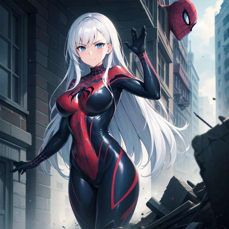 1girl,big breasts,standing in ruined city,(8k),scratches,detailed face,white hair,navy blue eyes,long hair,embarassed,small smile face,high_res, high_definition,the battlefield,Heroic pose,dark suit,(symbiote spider man Custome:1.1),