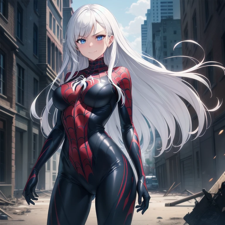 1girl,big breasts,standing in ruined city,(8k),scratches,detailed face,white hair,navy blue eyes,long hair,embarassed,small smile face,high_res, high_definition,the battlefield,Heroic pose,dark suit,(symbiote spider man Custome:1.1),