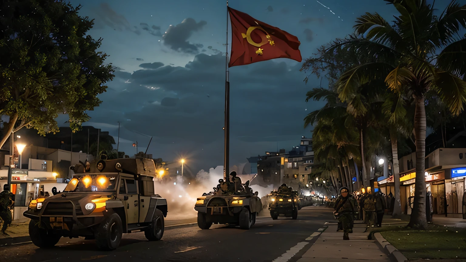 Soldados uniformados caminan por las calles de la ciudad., segunda Guerra Mundial，soldados cargando, soldados cargando al enemigo, Artillery fire continued，noche，army，The officer rode a horse.，todoterreno，imperio，La bandera de la ciudad ondea，Los oficiales movilizan tropas，tanques，Airplanes bomb.，Night mobilization
