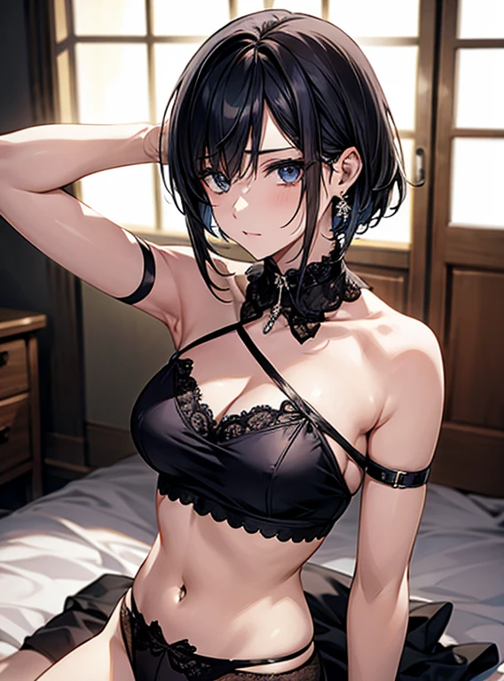 ((highest quality)),(ultra high resolution),(Super detailed),(detailed description),((best CG)),(best work of art),super precision art,amazing drawing art,(Fashion art with precise details:1.5), (Adult Female 1.6),(off shoulder crop top tube top:1.6),(tight mini skirt:1.6),(beautiful and well-shaped face:1.5),(smile:1.6),light makeup:1.4,(Gorgeous short hair detailed and detailed:1.8),(Thin Chain Necklace:1.4), She looks at you in the crowd and smiles
