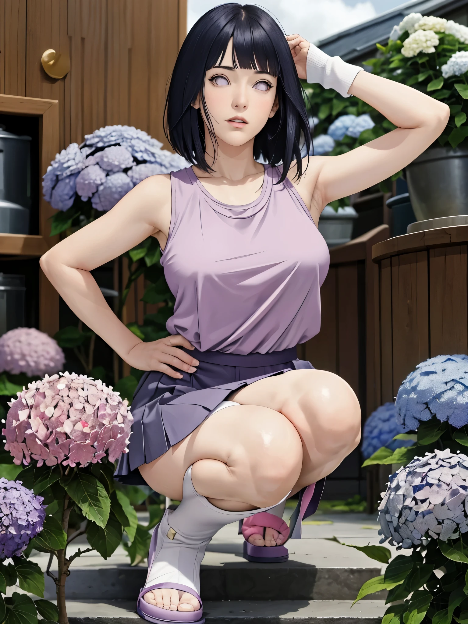 Armpit Show,masterpiece, Confused, Hinata\(bolt\), 1 girl, alone,Mature Woman, Tank top, High waist short skirt, Looking at the audience, (Hydrangea is blooming), Perfect composition, Familiar lips, Big Breasts, Beautiful Face, Body proportions, blush, (Pink Lips), Long Hair, Purple eyes, A gentle gaze, Surreal, Familiar, photo shoot, Realistic face and body, Knee socks