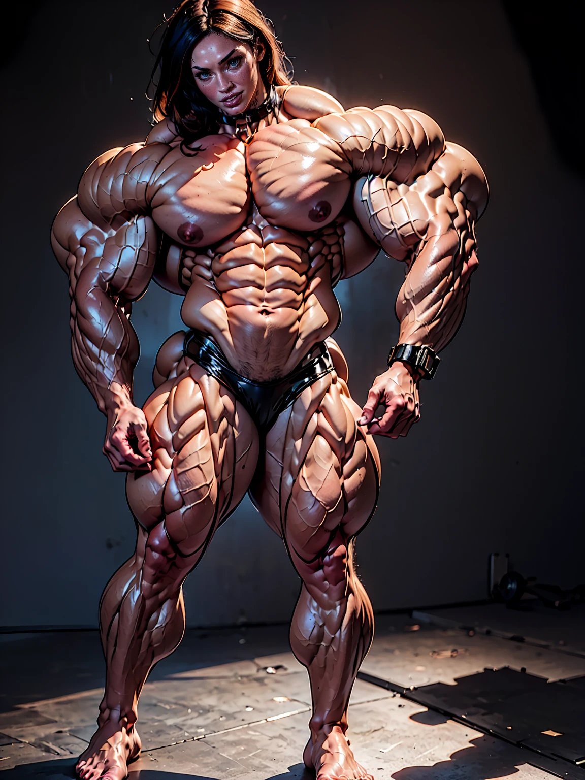 (1 girl), (megan fox:1.25), ((wide shoulders:1.25)), (a naked Bodybuilder woman with latex panties:1.25), (ten pack abs:1.5), (full body view:1.25), ((large muscular veiny pecs:1.25)), choker, (sculpted muscles:1.25), detailed eyes, (muscular body:1.25), (looking at viewer), (smile:1.25), (blank dark background:1.5), in the art style of peter mohrbacher, (beautiful girl face:1.25)