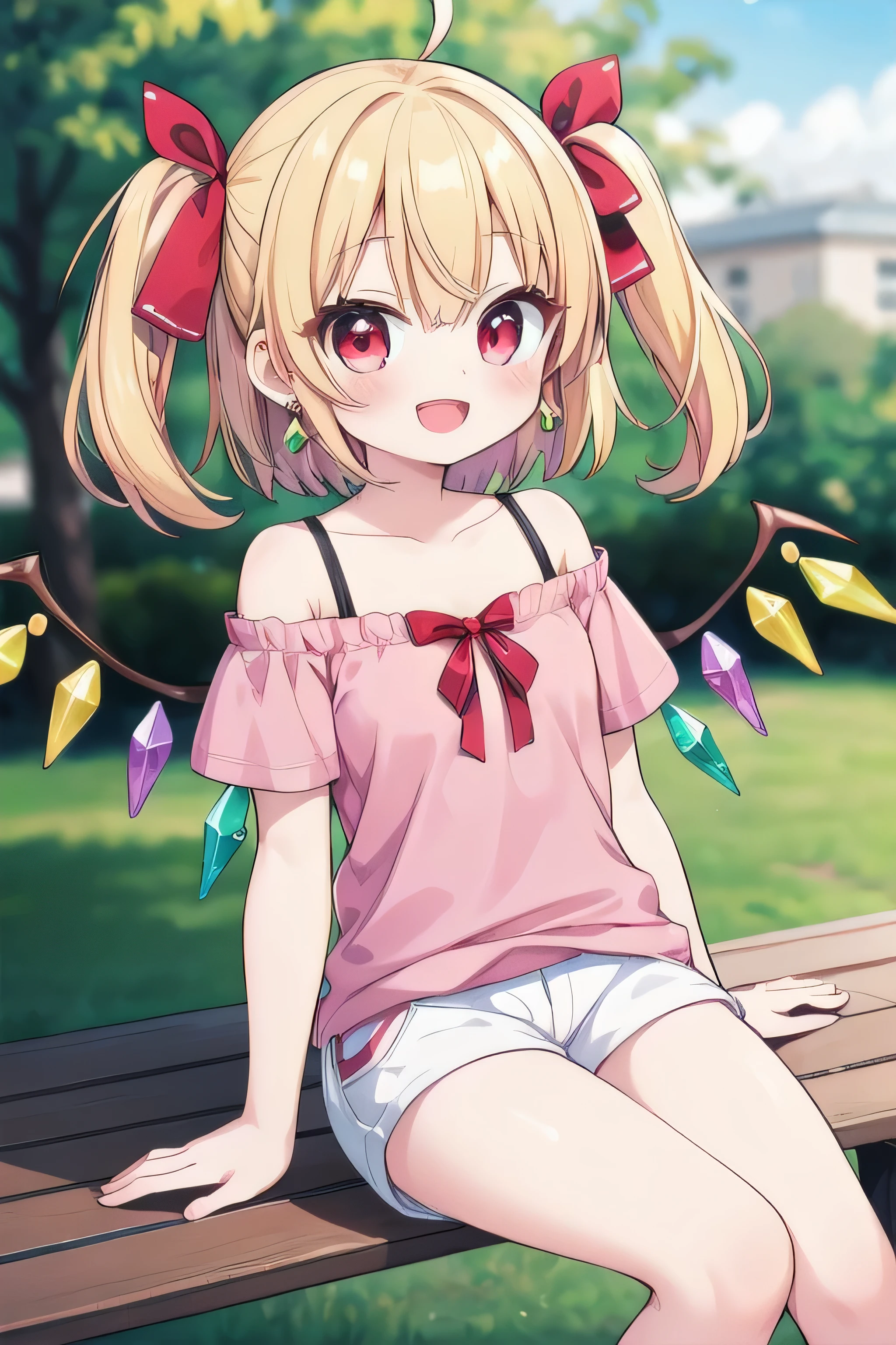 masterpiece, top quality, super detailed, CG illustration, high resolution, better lighting, best shadows, very delicate and beautiful, proper shading, hd, 8k,flandre scarlet, 1girl, solo, looking at viewer, blush, smile, short hair, open mouth, bangs, blonde hair, shirt, red eyes, ribbon, bare shoulders, jewelry, sitting, collarbone, hair ribbon, ahoge, :d, earrings, outdoors, wings, shorts, alternate costume, off shoulder, blurry, tree, blurry background, one side up, casual, no headwear, pink shirt, crystal, white shorts, contemporary, off-shoulder shirt, bench