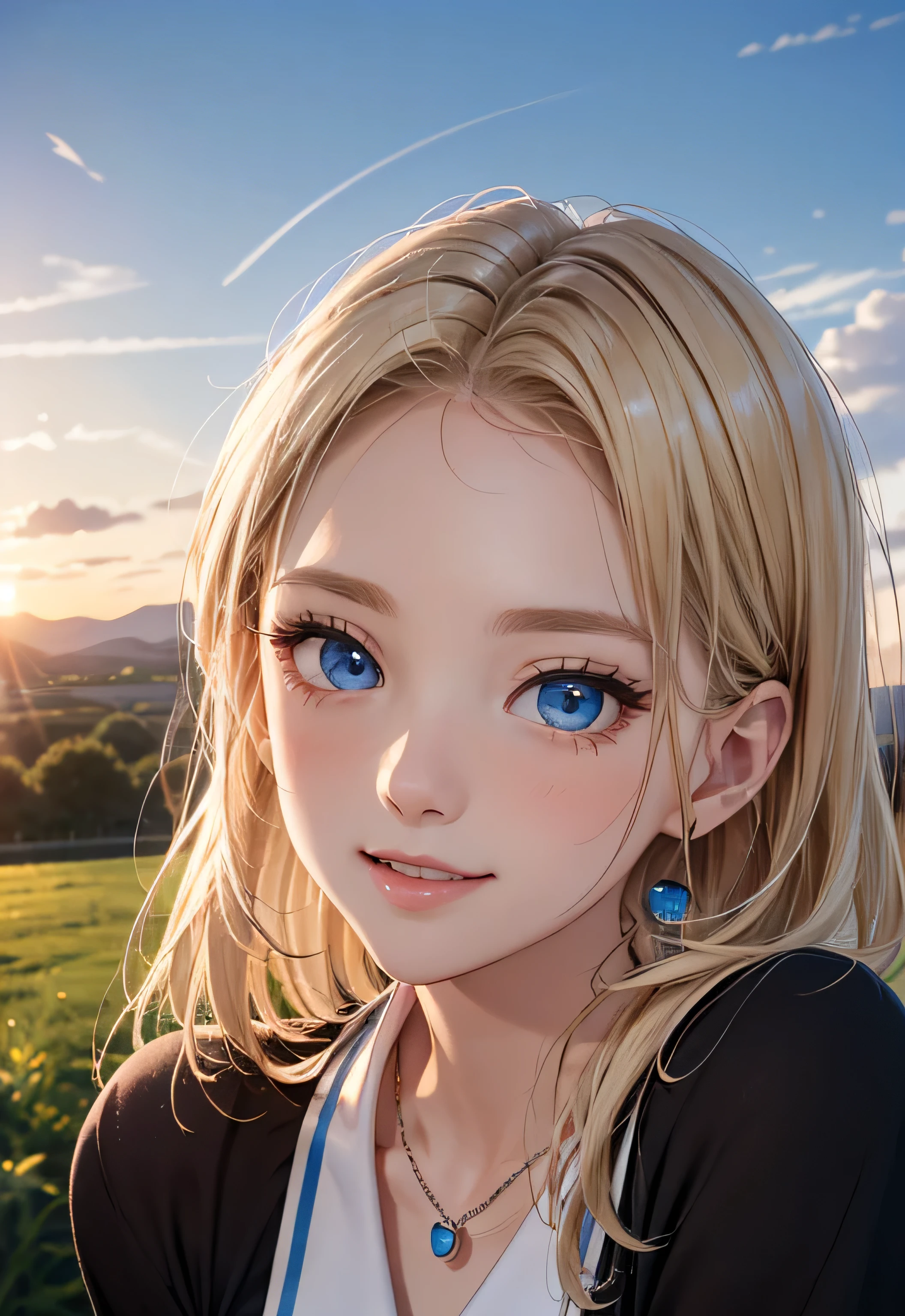 Absurd, Ultra-detailed,Bright colors,(In 8K:1.3),Masseter muscle area,Very beautifully detailed face and eyes, Age 25,(Smooth and straight blonde hair:1.3), (Shiny Hair:1.2), Delicate and beautiful face, blush、(Deep blue eyes:1.3), Smile、Close your mouth、(White Uniform)、Black socks、(Checked skirt)、evening、There are many countryside、Big Sunset、Orange View、Small Necklace、