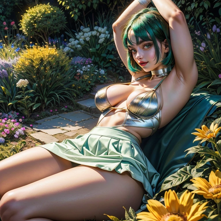 (Extreme Detail CG Unity 8K wallpaper, masterpiece, highest quality), (exquisite lighting and shadow, highly dramatic picture, cinematic lens effect), (Leeloo: 1.4), delicate facial features, charming smile, star eyes, ((dark green hair)), tight top, white gloves, mini skirt, dynamic pose, lying in the garden), (background in a garden full of flowers) (excellent detail, outstanding lighting, wide angle), (excellent rendering, enough to be proud of its kind)
