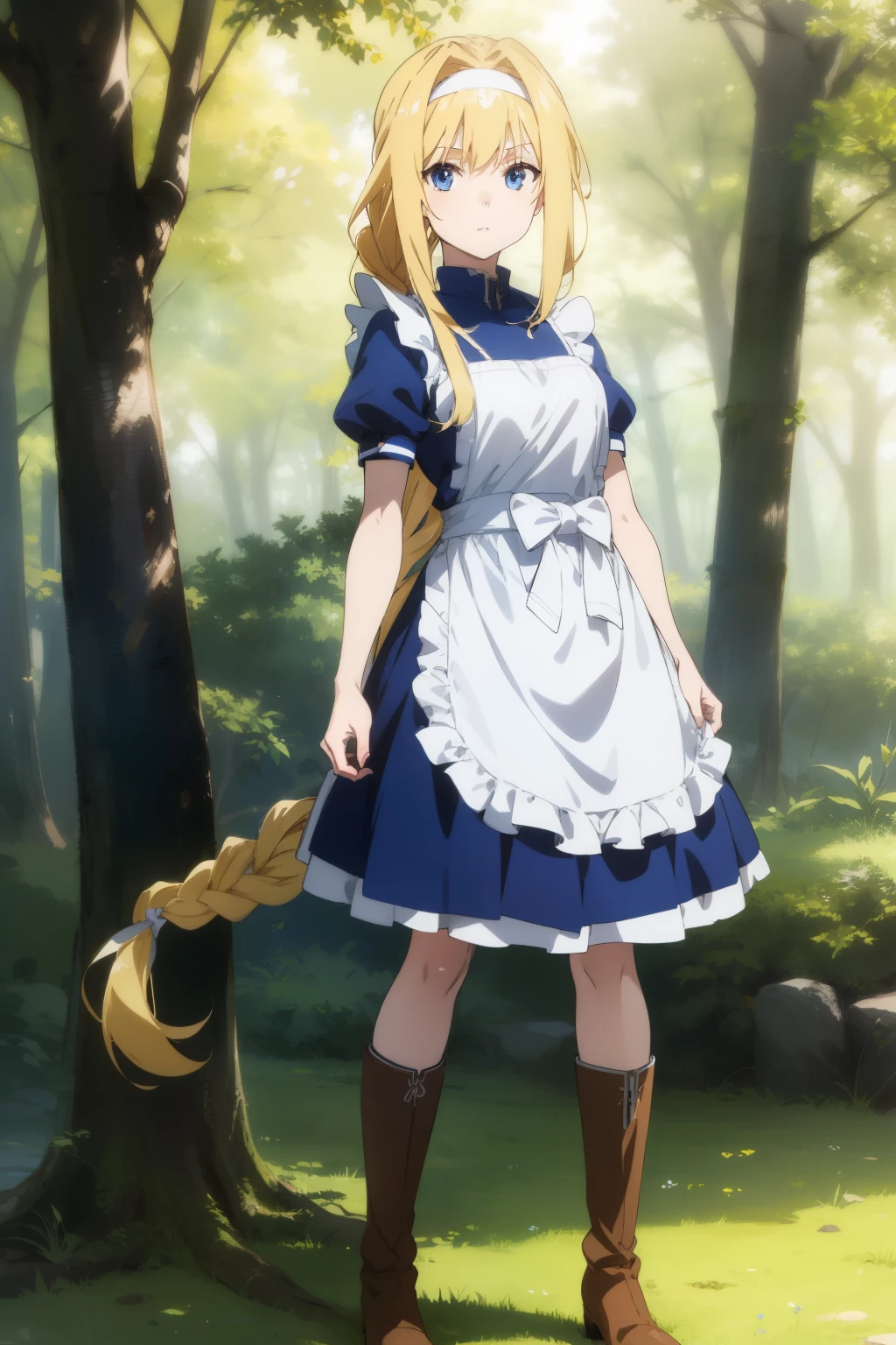 Alicesburg, Alice Zuberg, bangs, blue eyes, Blonde, Hair between the eyes, Very long hair, Braiding, hair band, white hair band,((())),
break dress, bow, ribbon, Short sleeve, Frills, apron, puffy Short sleeve, Blue clothes, Brown footwear, Knee Boots, white bow, white apron, frilled apron,
break outside, forest, nature, sun, null,
break looking at viewer, 
break  , masterpiece ,8k unity wallpaper,anime key visual,highest quality, High resolution, unity 8k wallpaper, (shape:0.8),anime coloring,highly detailed face, detailed eyes,growing eyes,shiny skin,fine skin,white skin,dense skin,detailed hair,highly detailed legs,perfect lighting, Detailed CG, (perfect hands, perfect anatomy),High resolution,(Detailed wear ),slender limbs, delicate curves, dainty hands,figure:0.8,white lace panties,