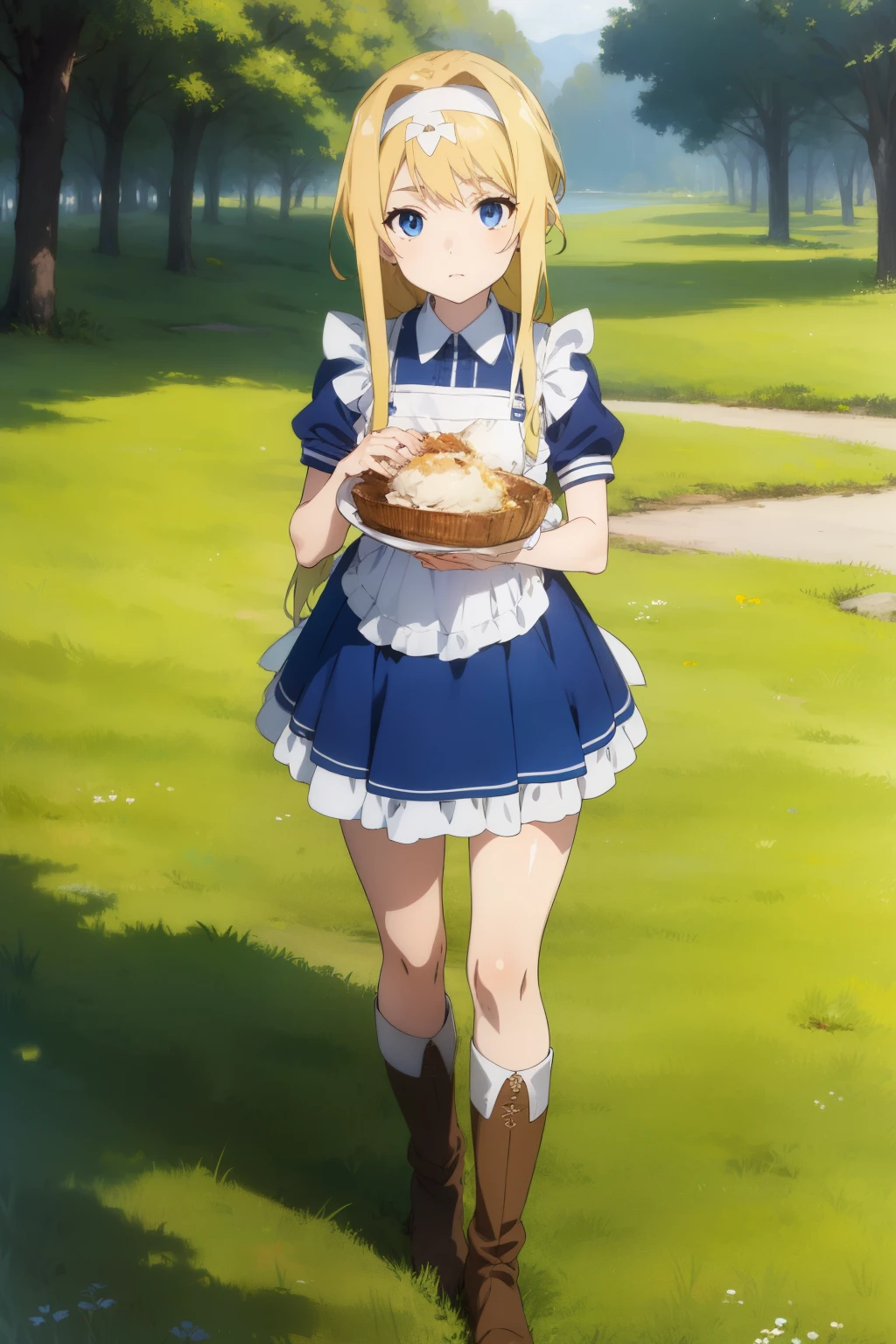 Alicesburg, Alice Zuberg, bangs, blue eyes, Blonde, Hair between the eyes, Very long hair, Braiding, hair band, white hair band,(((11 year old))),
break dress, bow, ribbon, Short sleeve, Frills, apron, puffy Short sleeve, Blue clothes, Brown footwear, Knee Boots, white bow, white apron, frilled apron,
break outside, forest, nature, sun, null,
break looking at viewer, 
break  , masterpiece ,8k unity wallpaper,anime key visual,highest quality, High resolution, unity 8k wallpaper, (shape:0.8),anime coloring,highly detailed face, detailed eyes,growing eyes,shiny skin,fine skin,white skin,dense skin,detailed hair,highly detailed legs,perfect lighting, Detailed CG, (perfect hands, perfect anatomy),High resolution,(Detailed wear ),slender limbs, delicate curves, dainty hands,figure:0.8,white lace panties,