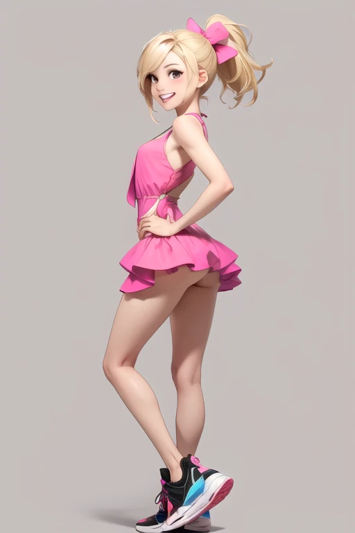 Weekend, One, 1 girl, Blonde hair, floating hair, black eyes, ponytail, Monobrow, bow, Pink dress, smile, sneakers,I look at the viewer, hand on hip, Simple background, standing, teeth, upskirt, ass