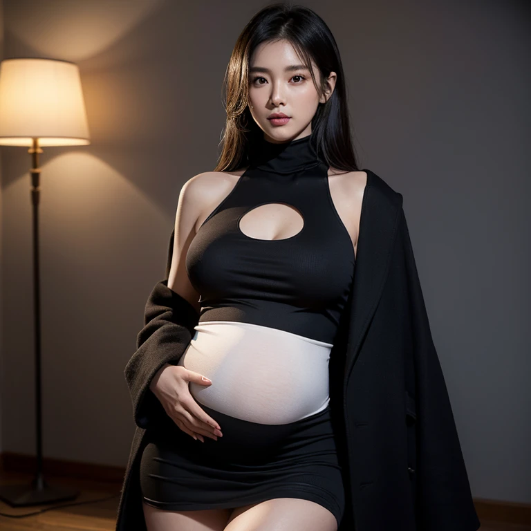 (Very detailed,night, In a dimly lit room, A girl,Married,Married woman,Chapter 30 Eternal Light,Mother,Still attractive,Black发,a little fat, full, Large sagging breasts, Huge big , pregnant, huge pregnant, big pregnant, 9 months, pregnant, 怀着双胞胎的pregnant,Delicate face, Sexy, Wear a turtleneck dress, Bodycon Dress, suspender skirt,Hip skirt,Black色Hip skirt,Black,Garter,Set,Setcoat,coat, HD, full body shot, Work,Water breaks,expiry date,Realistic perfect body, Very realistic)