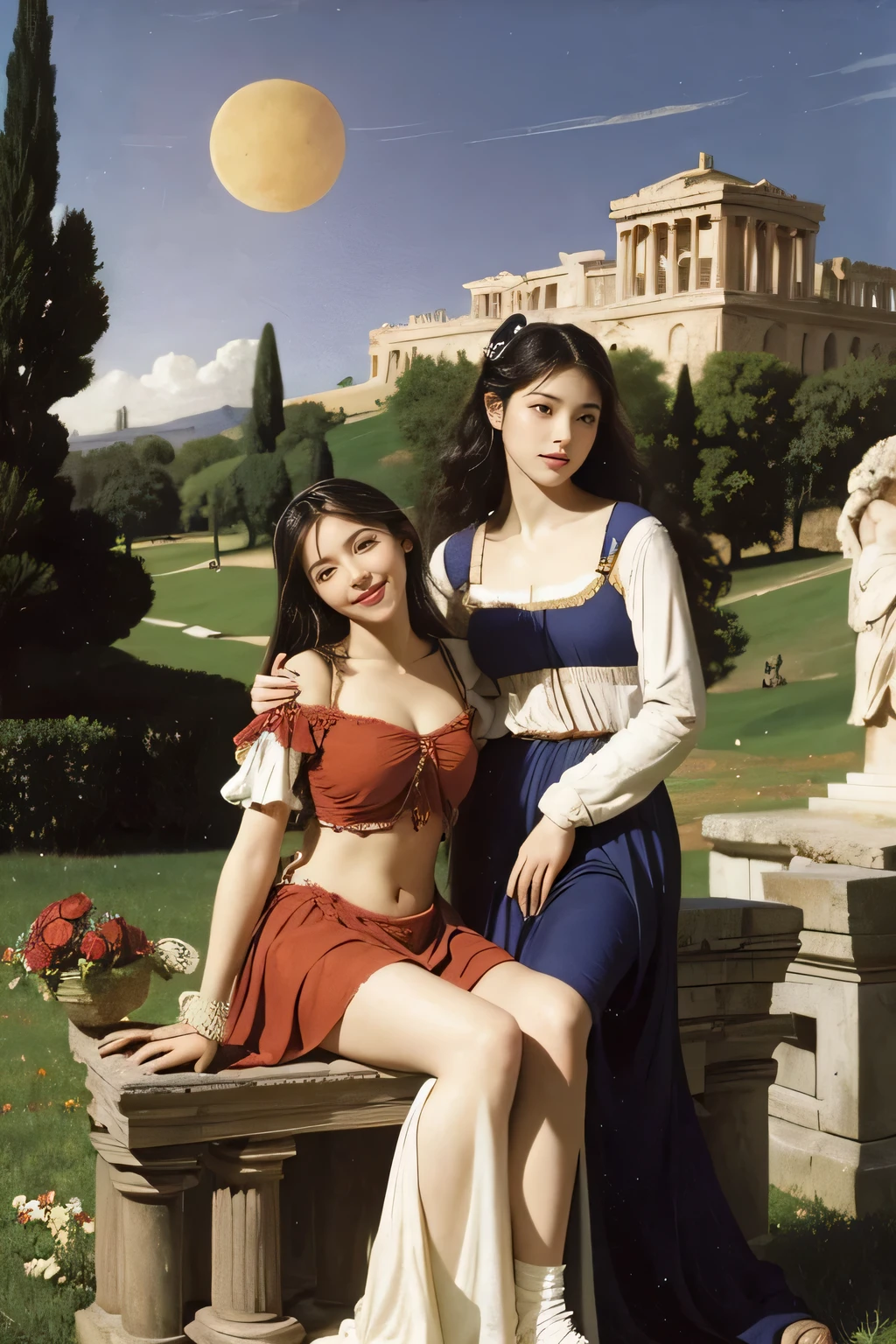 full body portrait or statue、Giorgione painting style,Arguments of two female Philosophe,math、astronomical machine、astronaut、roses in vase、fruits、Cute trinkets、smile、ancient greek costume、Ancient Roman landscape in the style of Nicolas Poussin,laughter,,Sweet and seductive appearance.、Caravaggio's paintings、Chiaroscuro of Caravaggio、hair tousled by the wind,Two women frolicking,cute smile, expression of ecstasy,Sexy,erotic,