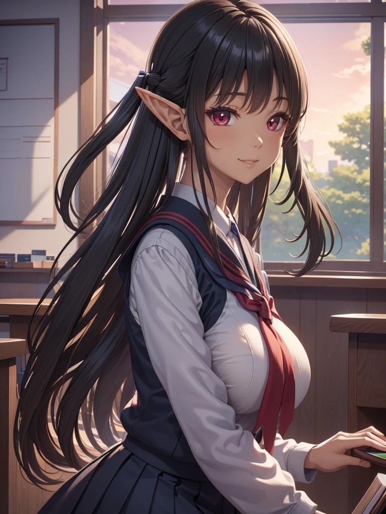 An elf woman, very black and tanned skin, beautiful silver hair, pointed ears, beautiful red eyes, high , school classroom, whiteboard, window, evening, sunset, upper body description, dear smile , lips open, close-up, 8K,