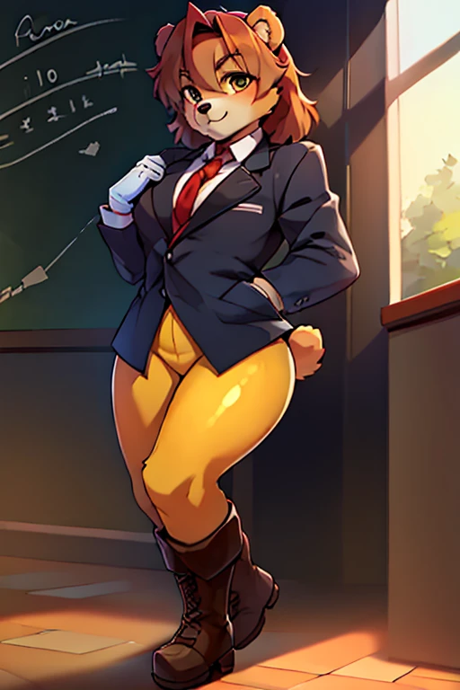 boy, bear, furry, bodyfur, blazer, bottomless, yellow tights, gloves, boots, school