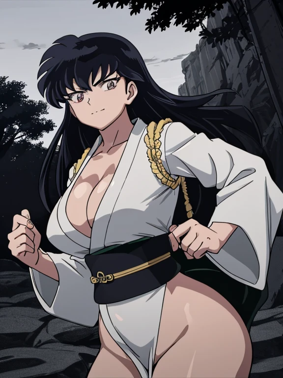 masterpiece, best quality, Kagome Higurashi, 25 years old, matured face, beautiful detailed eyes, ultra detailed eyes, extremely detailed face, large breasts, cleavage, very busty, big hips, strong muscles, athletic physique, She stands tall while wearing a short green kimono. she's looking directly at the camera with an confident smirk. Her gaze is both alluring and fierce as she is in a fighting stance. cowboy shot, Perfect Anatomy,(Professional Lighting), 4k textures, epic artistic, sharp focus, even lighting, insane details, intricate details, hyperdetailed, rich colors, BREAK Outdoors, forest, Japanese architecture in the background