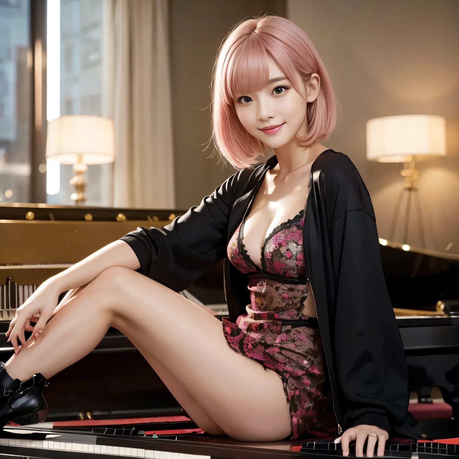 masterpiece, best quality:1.1), (8k, raw photo, photo realistic:1.2, f22), (shiny skin), detailed skin,Medium Bob,pink hair,detailed face, detailed eyes,smile,BREAK, real world, intricate details, smil, BREAK, 1girl, full body,(black,dress),BREAK, (piano:1.4),