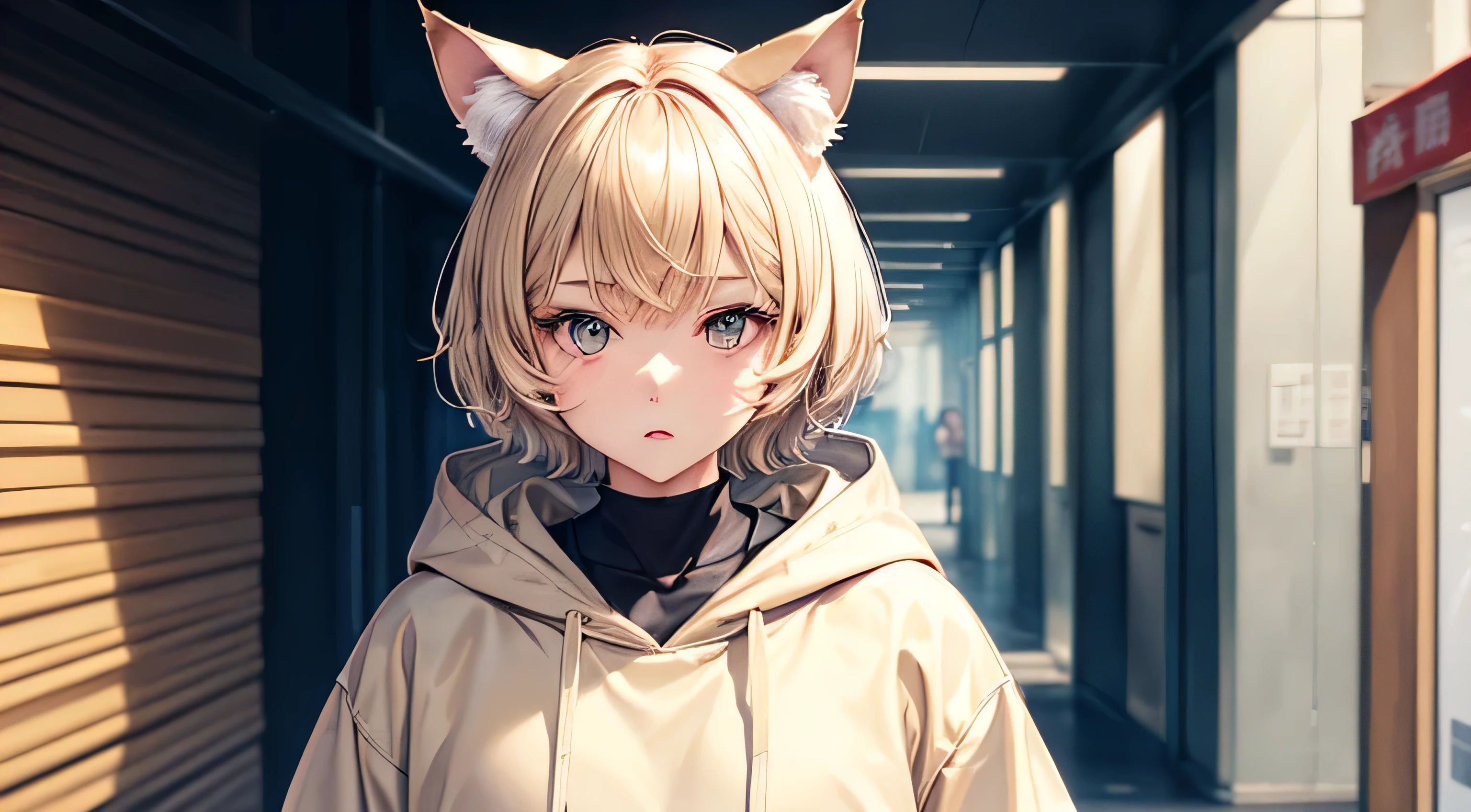 (cat ears girl Short Hair Beige hair Cute face Beige hoodie HIP-HOPファッション Only one person depicted) Perfect and detailed facial expression、Perfect and detailed hair、Perfect and detailed eye depiction、Perfect and detailed clothing、 Background is white