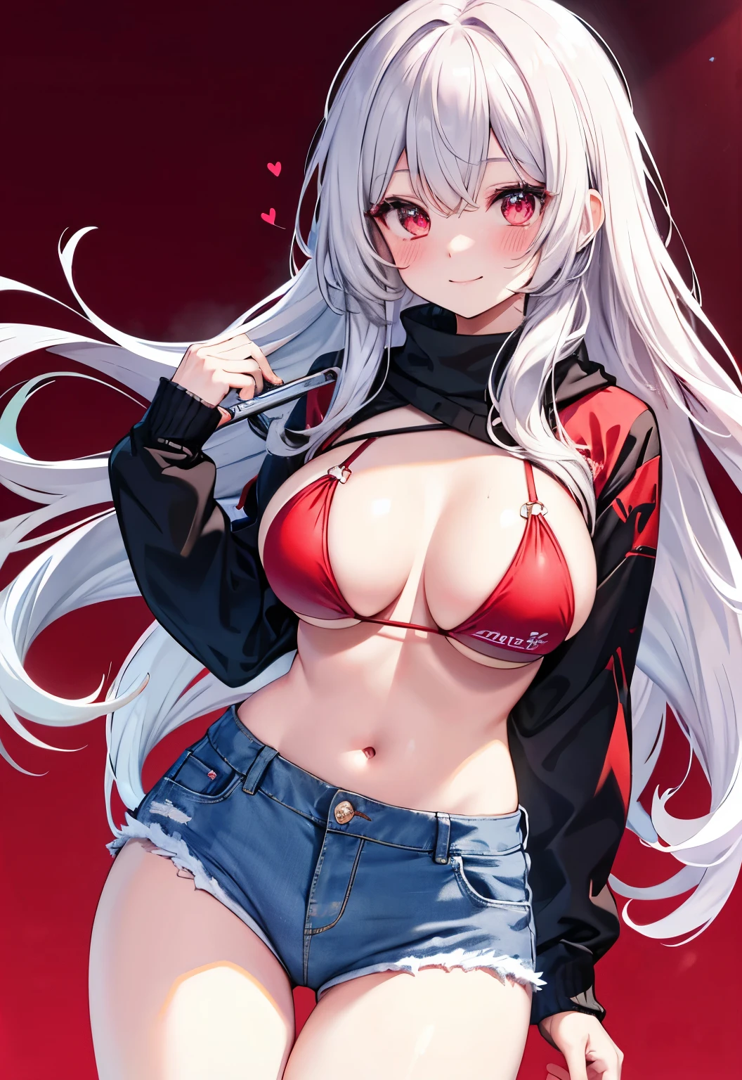 Silver Hair，Red Eyes，Long hair，have，Red Sling Bikini，，blush，Smile，Large Breasts，Denim shorts，Bedroom background