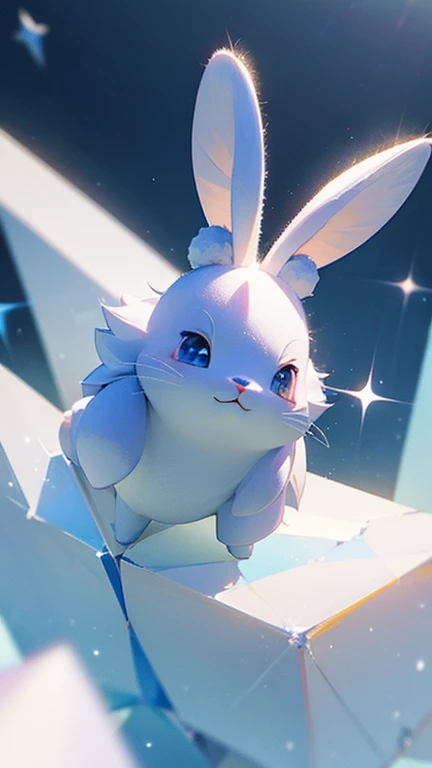 Unknown Creature、Cute rabbit、fluffy、Little、Background glitter、background fantasy、3D、rendering、Shine、Ice Element、View from the front、looking at the camera