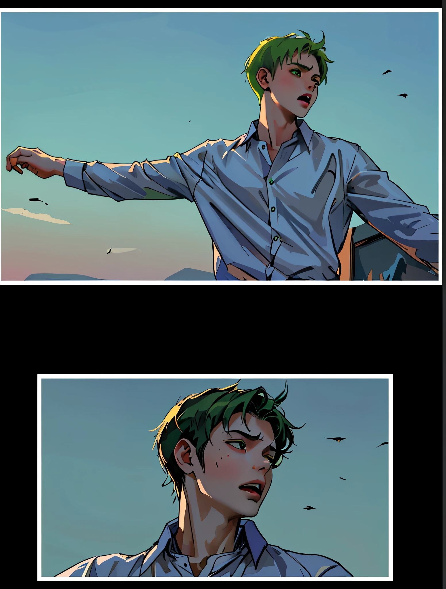 white long sleeve shirt green hair 16 year old man is scared surprised he is falling silent