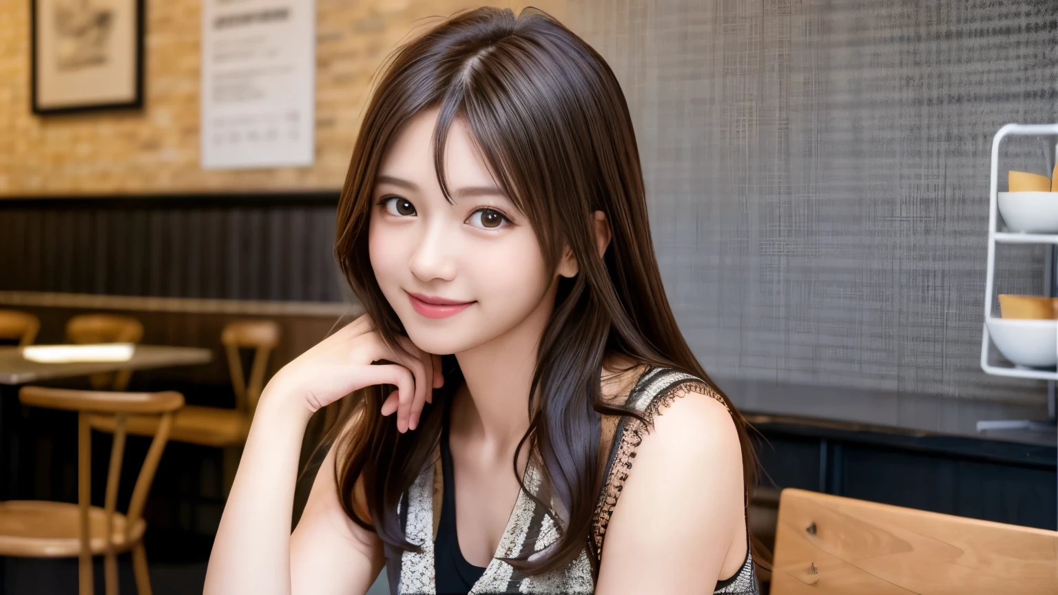 super high quality, Slender, Gravure photoshoot, The staff is working at the counter in the back., (8k、RAW Photos、highest quality、masterpiece:1.2), Japanese Idol, Brown Hair, Stylish café, The cafe is crowded with people enjoying themselves., (Realistic、Photorealistic:1.37), Mesh Hair, Golden Ratio, Raw photo, Cute face , Light Brown Hair, Small breasts, Blurred Background, Spring Clothes, Well-designed furniture, Beautiful hairstyle, Spoiled, Open Cafe, A kind smile, Hair blowing in the wind, Neat clothes, Berry Short, 18-year-old, 
