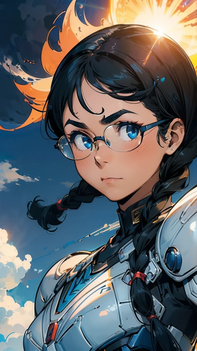 8K quality,(super masterpiece:1.3),highest quality,Detailed Images,1 female,symmetrical beauty,20th Generation,Medium build(Black Hair,Curly Hair,With bangs,Two braids),(Thick eyebrows,Thick eyebrows),(Rimless Glasses,Thin-rimmed glasses,Small glasses),(Blue Eyes,blue eyes),F cup breasts,(blue powered suit),(Background,Aerial,Above the Clouds,sun),(Face directly towards the camera,Looking directly at the viewer,looking at the camera,The body faces the viewer,The body is facing the direction of the camera,Face looking straight into the camera).