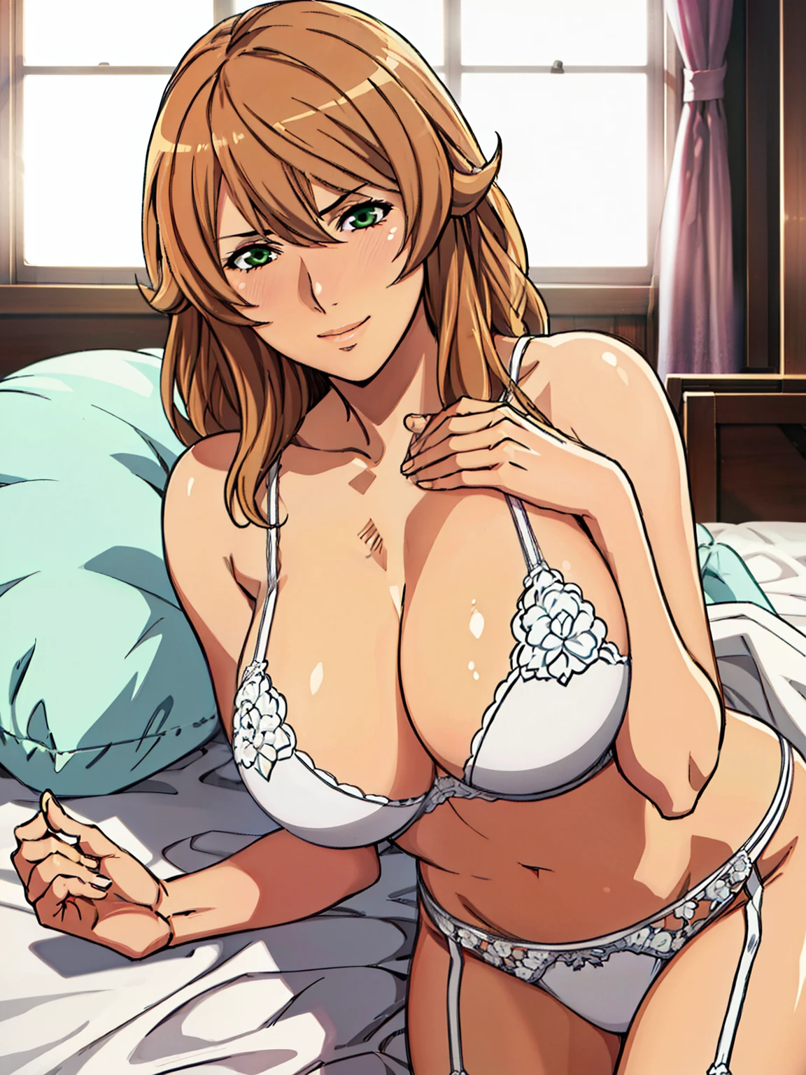 (POV Across Bed : 1.3), lying on bed, (bare shoulder, white lace bra, white lace panties, white garter belt), Sigui, mature woman, anime cels style, best quality, high resolution, 1girl, (huge breasts:1.2), beautiful face, Beautiful Finger, Beautiful long legs, Beautiful body, Beautiful Nose,Beautiful character design, long hair, (brown hair), Bangs, green eyes, (cowboy shot), smiling, looking at viewer, beautiful hair, smiling, blushing