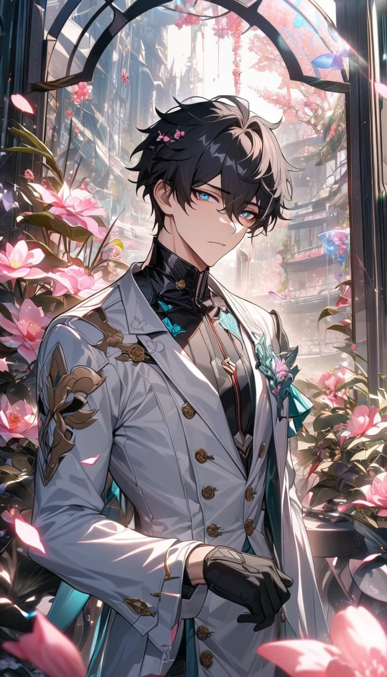 (absurdres, highres, ultra detailed, HDR) master piece, best quality, perfect face, Dan Heng, black hair, expressive blue eyes, solo, sexy man, handsome, black and white clothes, black gloves, glass pink flowers, glass pink petals, glass pink butterflies, glass garden, glass blossoms, everything made with glass, honkai star rail