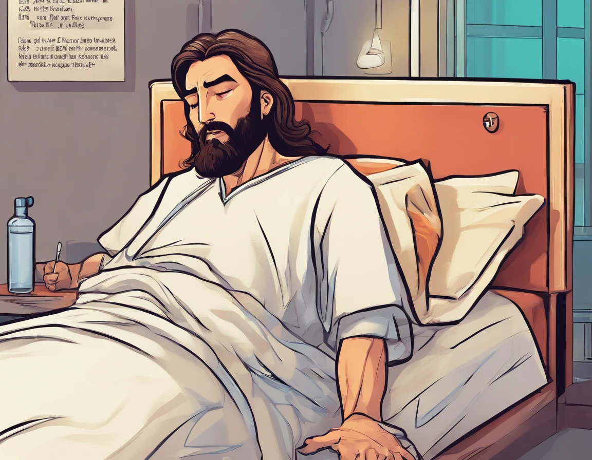 Sick person in a hospital lying in a bed and Jesus on the left side with his hand on the head of the sick person both in hospital room cartoon type 3D vector image