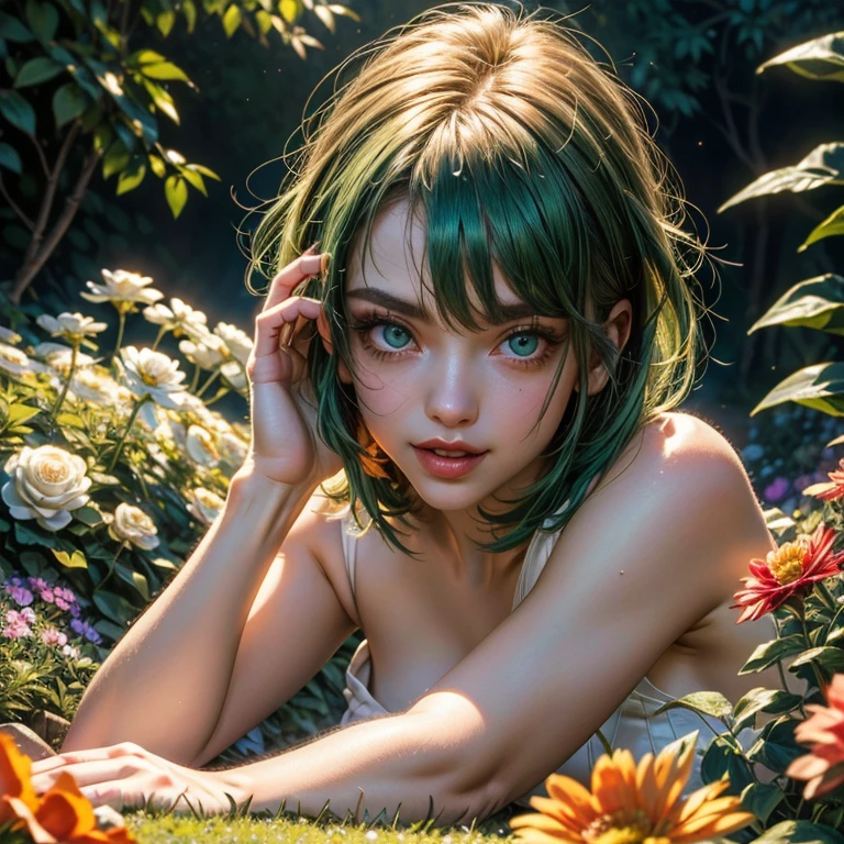(Extreme Detail CG Unity 8K wallpaper, masterpiece, highest quality), (exquisite lighting and shadow, highly dramatic picture, cinematic lens effect), (Leeloo: 1.4), delicate facial features, charming smile, star eyes, ((dark green hair)), tight top, white gloves, mini skirt, dynamic pose, lying in the garden), (background in a garden full of flowers) (excellent detail, outstanding lighting, wide angle), (excellent rendering, enough to be proud of its kind)