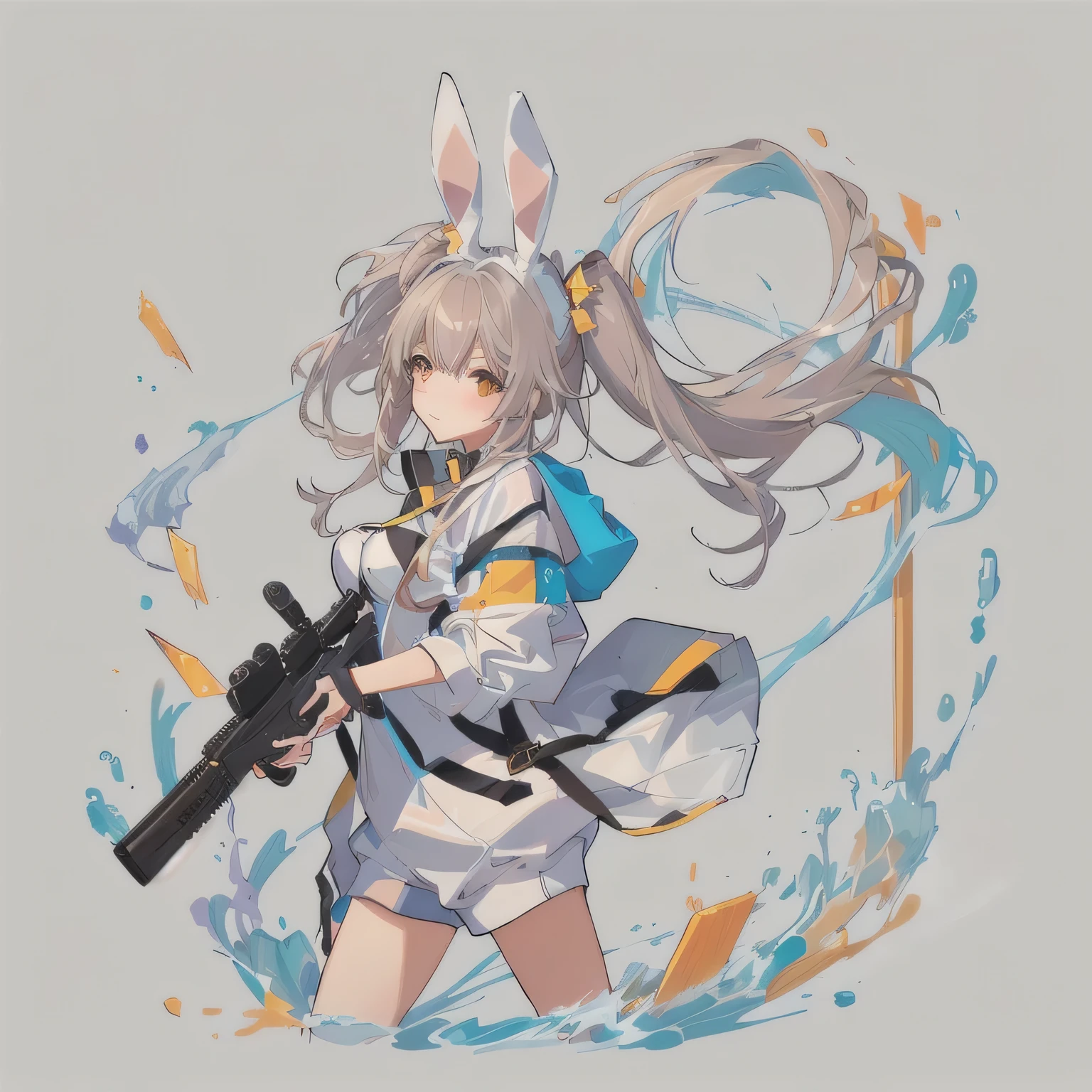 a drawing of a woman with a gun in her hand, bunny girl, original chibi bunny girl, lola bunny fanart, cutesexyrobutts, bunny suit, ultrarealistic sweet bunny girl, highly detailed exquisite fanart, bunnypunk, official fanart, rabbit_bunny, bunny, pixiv contest winner, wearing a bunny suit, rabbt_character, from girls frontline