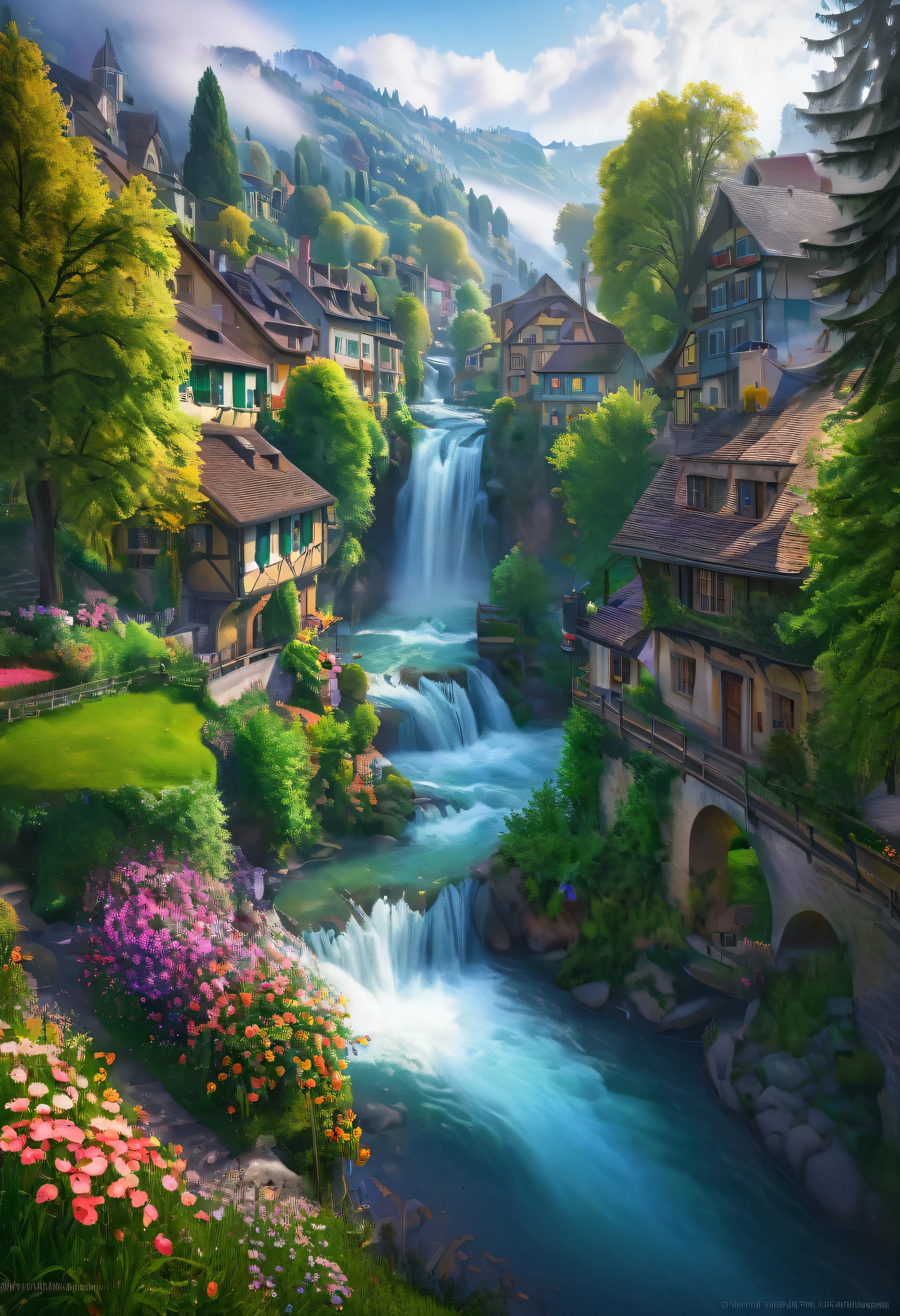 swiss alpine village, ChromaV5, nvinkpunk, (extremely detailed CG unity 8k wallpaper), An image of a majestic river, trees on the sides, tiny waterfall, intense fog, award-winning photography, Chromatic Aberration, Detailed, HDR, Bloom, style by Monet, Pissarro, and Sisley, trending on ArtStation, trending on CGSociety, art by mid-journey
