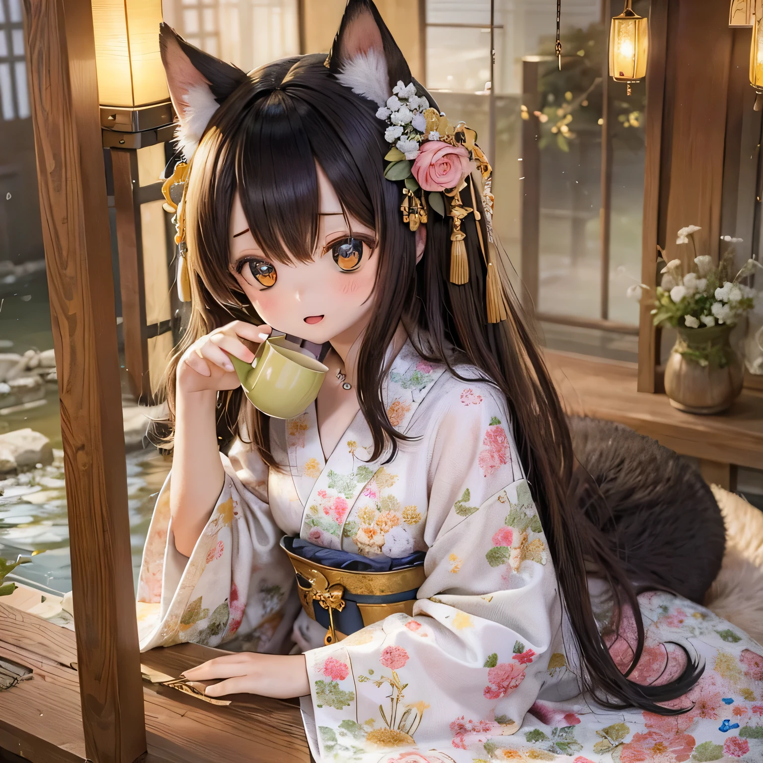 (best quality,4k,8k,highres,masterpiece:1.2),ultra-detailed,realistic,portraits,shiba inu girls chibi,traditional,peaceful,beautiful detailed eyes,beautiful detailed lips,soft and fluffy fur,girls in colorful yukatas,enjoying a relaxing time at a hot spring inn,tranquil atmosphere,traditional Japanese tatami room,floor-to-ceiling windows overlooking a picturesque garden,steamy hot spring water,decorative lanterns,lovely flower arrangements,delicate kimonos with intricate patterns,gentle steam rising from the onsen,serene smiles,twinkling stars in the night sky,magical cherry blossom trees in full bloom,painting-like scenery,soft pastel color palette,warm and cozy lighting,quiet and soothing ambiance,lovely shiba inus in chibi style,playful poses,cute accessories like bows and ribbons,lively expressions,relaxed and carefree atmosphere,refreshing green tea cups on a low table,sweet aroma of freshly brewed tea,gentle sound of flowing water from a nearby waterfall,subtle chirping of birds,serenity and bliss.