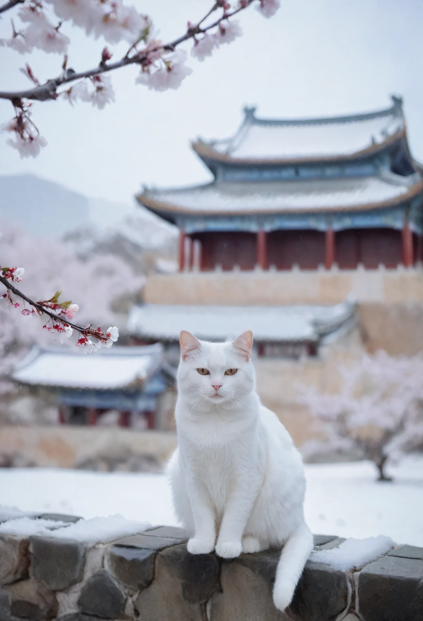 A cat perched on a branch, surrounded by lightly falling snow and white plum blossoms, creates a serene and expressive scene. The cat, facing the audience with a parted-lips expression, walks towards a gate with the Forbidden City’s walls in the background. The composition is a high-resolution masterpiece, focusing on the cat’s portrait with an extremely detailed foreground against a softly blurred background. Shadows and the subtle film grain add depth, enhancing the photorealistic quality. The setting, with its plum blossom tree and palace elements, evokes a sense of traditional Chinese beauty, rendered in an expressionism style.