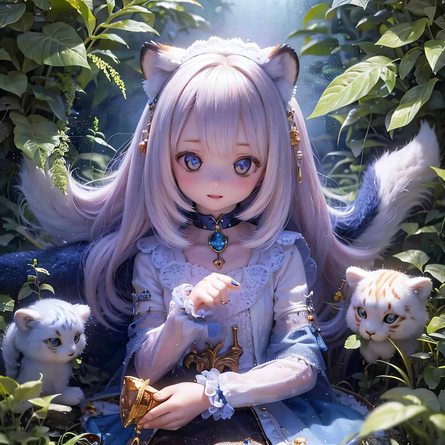 (highest quality,4K,8k,High resolution,masterpiece:1.2),Very detailed,Realistic,White Tiger Girls Chibi,Beautiful fine details,Long eyelashes,Detailed lips,A girl in colorful and cute clothes,Tall trees with bright flowers々Play in a magical garden filled with,Soft and warm sunlight on the tree々Plug in from between,Creates a magical and dreamy atmosphere,Sparkling fairy dust floating in the air,Bring a sense of fascination and wonder to your scenes,The skin has a delicate and intricate tiger pattern.,Glows softly, Mysterious Light,The innocent and happy expressions of the girls, 
Emphasize a pure and playful personality,Small and adorable chibi characters, 
Increase the cuteness, A harmonious blend of reality and fantasy, 
Evokes childlike joy and imagination, vibrant and lively color palette, 
Shades of pink, purple, Blue and,Painting-like texture, Add depth and richness to your artwork, Capture the magical essence of the scene.