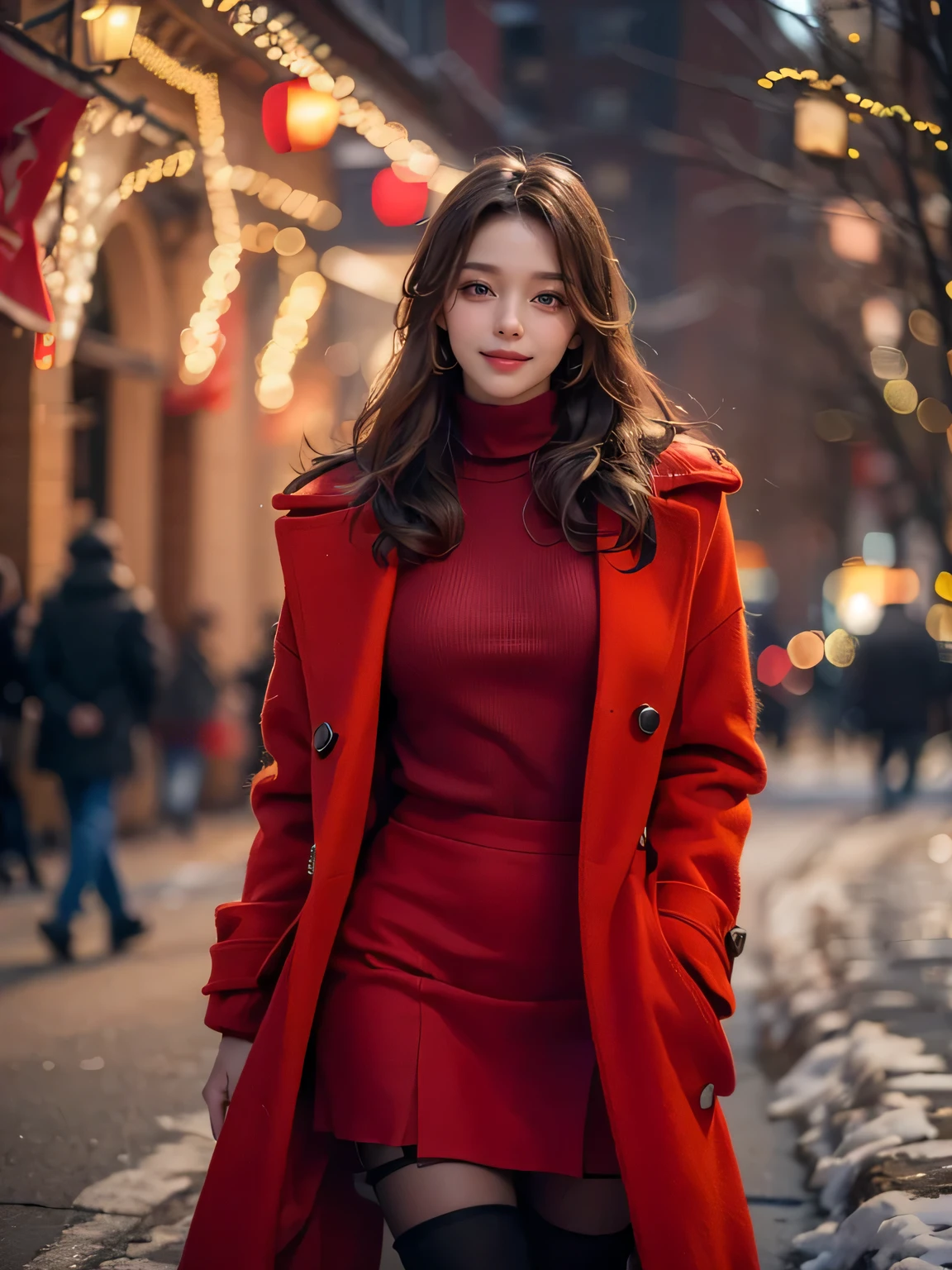 (best quality photo of a beautiful woman in red long coat, White turtleneck sweater and mini skirt ), Realistic and beautiful skin texture, Shiny skin, Extraordinarily detailed face, Detailed eyes, glossy lips, looking at the audience, smile, perfect body beauty, Slim stomach ,(nighttime, road, Festive atmosphere :1.2), christmas tree , (best quality, Masterpiece, very detailed, Ultra high resolution, realistic, raw photos, nonsense, Absolutely resolution.:1.4),