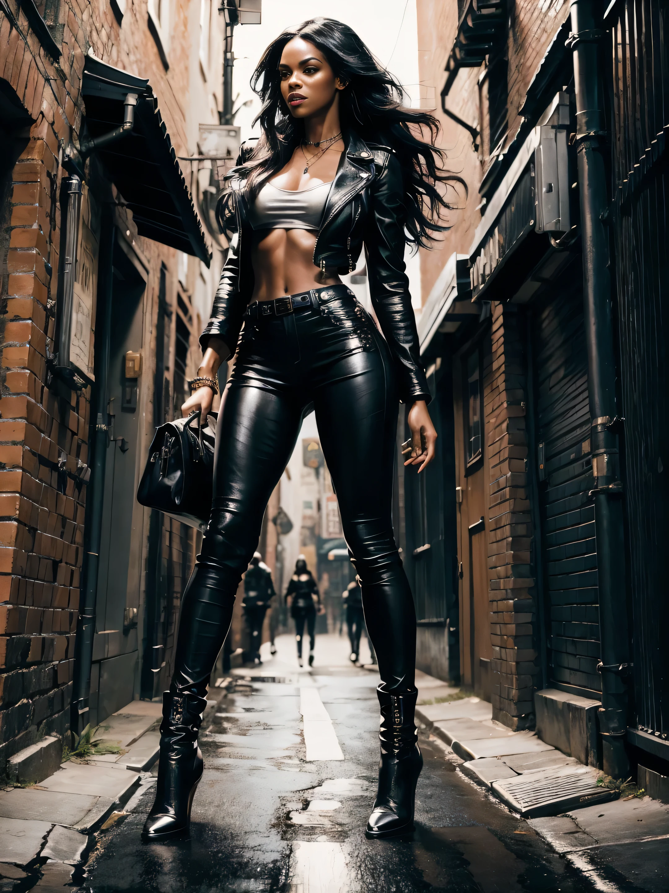 in photorealistic style, a black woman with long hair in black leather pants and a black leather jacket, runs into a dark, terrifying alley