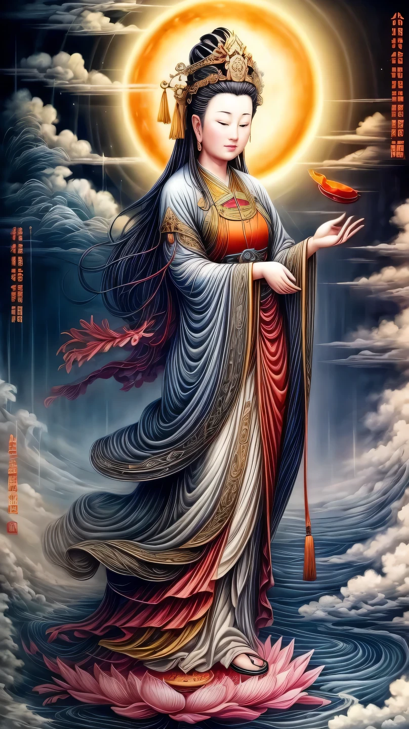 ((best quality)), ((masterpiece)),
((guanyin,1girl)),(chinese text,  text focus,wall of text),water and cloud, lotus,full moon,hanfu