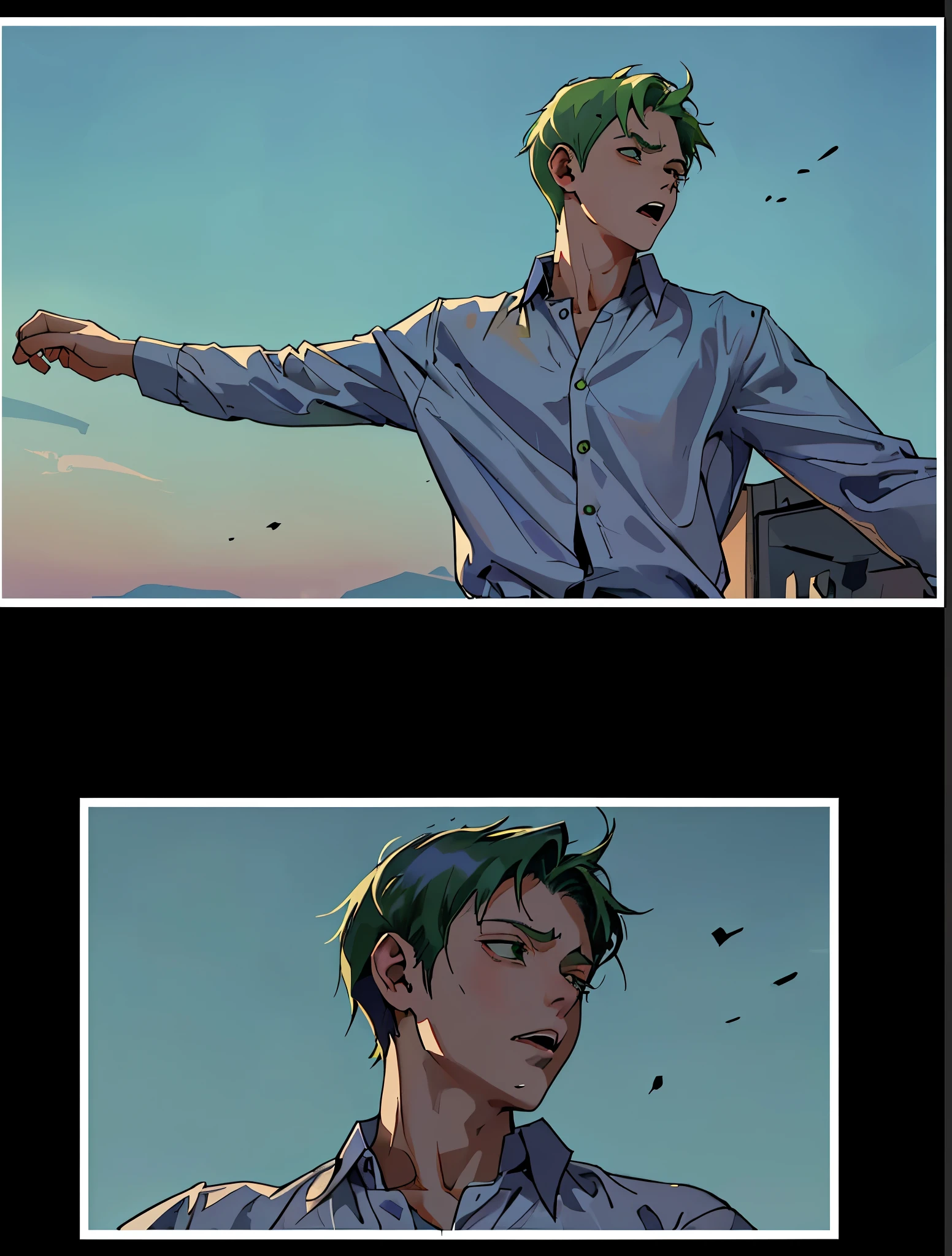 white long sleeve shirt green hair 16 year old man is scared surprised he is falling silent