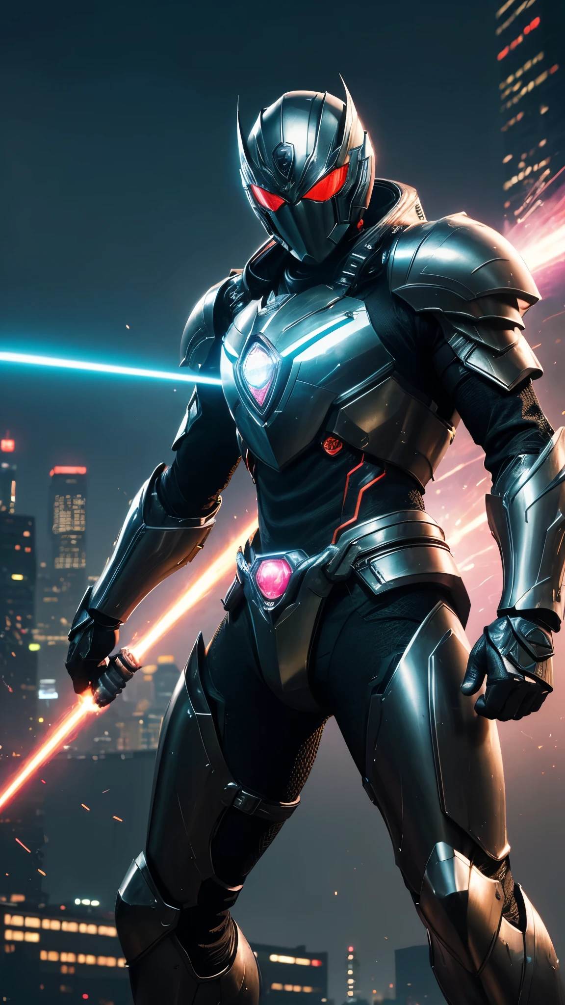(high quality,4k,8k,highres,masterpiece:1.2),ultra-detailed,(realistic,photorealistic,photo-realistic:1.37),heroic female rider,kamen rider transforming scene,[masked woman] in a tokusatsu style,special effects,action-packed,colourful lighting,explosions,combination of live-action and CGI,heroine standing in a dramatic pose,fierce expression,metallic battle armor,elaborate helmet design,energetic motion blur,cityscape backdrop,neon lights,sci-fi elements,strong contrast,shadow play,emphasis on dynamic movement,vibrant colors,laser beams,visually stunning,reminiscent of 90's tokusatsu series.