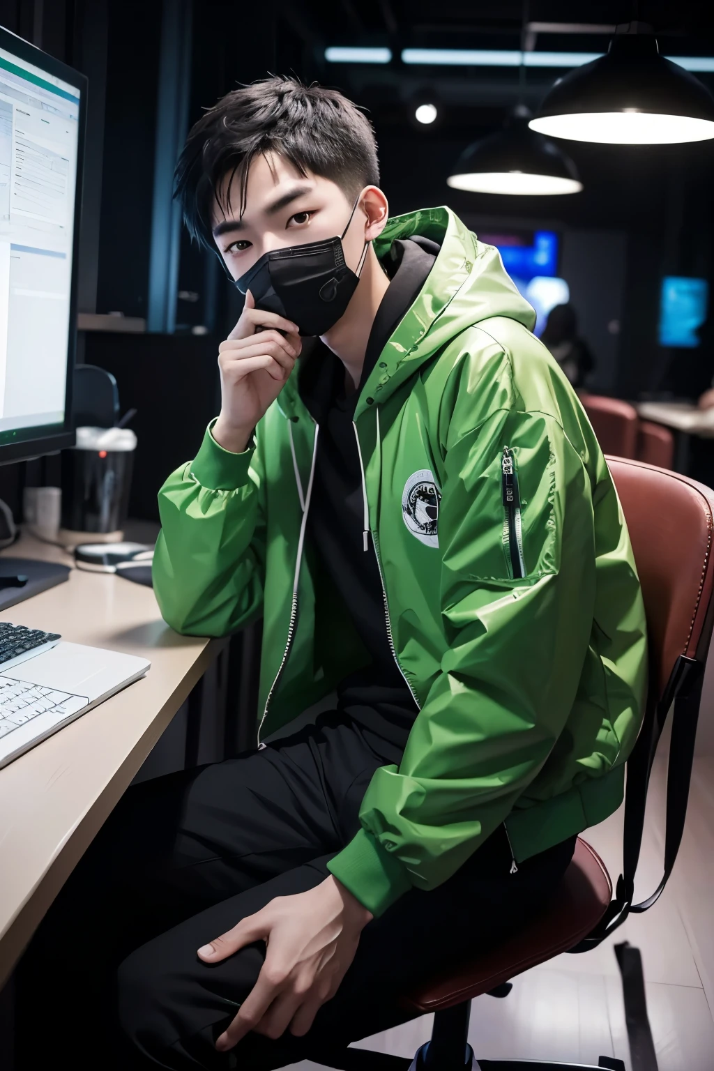 18 year old china man, he is wearing a hoodied green jacket, he is wearing black trousers, he is wearing white sneakers, he is wearing a mask, he is carrying a backpack, he is sitting in a YouTuber's chair in front of a computer on, LED lights, very realistic, very detailed, nightclub