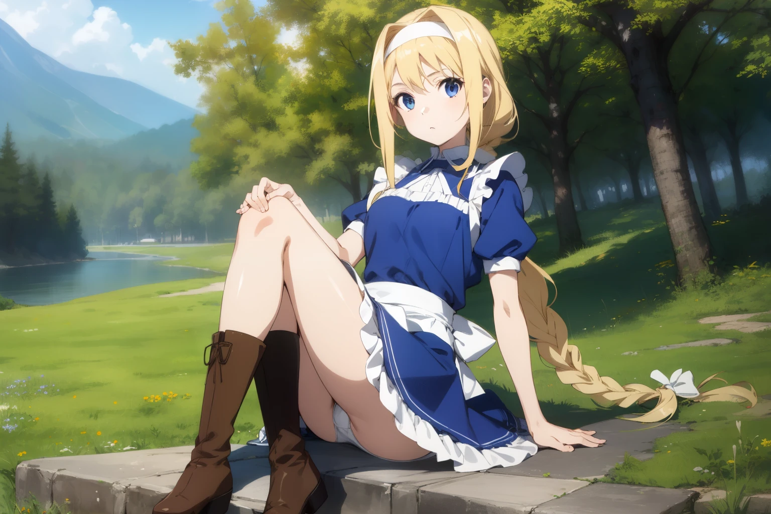 Alicesburg, Alice Zuberg, bangs, blue eyes, Blonde, Hair between the eyes, Very long hair, Braiding, hair band, white hair band,((())),skirt lift,up skirt,
break dress, bow, ribbon, Short sleeve, Frills, apron, puffy Short sleeve, Blue clothes, Brown footwear, Knee Boots, white bow, white apron, frilled apron,
break outside, forest, nature, sun, null,
break looking at viewer,
break , masterpiece ,8k unity wallpaper,anime key visual,highest quality, High resolution, unity 8k wallpaper, (shape:0.8),anime coloring,highly detailed face, detailed eyes,growing eyes,shiny skin,fine skin,white skin,dense skin,detailed hair,highly detailed legs,perfect lighting, Detailed CG, (perfect hands, perfect anatomy),High resolution,(Detailed wear ),slender limbs, delicate curves, dainty hands,figure:0.8,white lace panties,