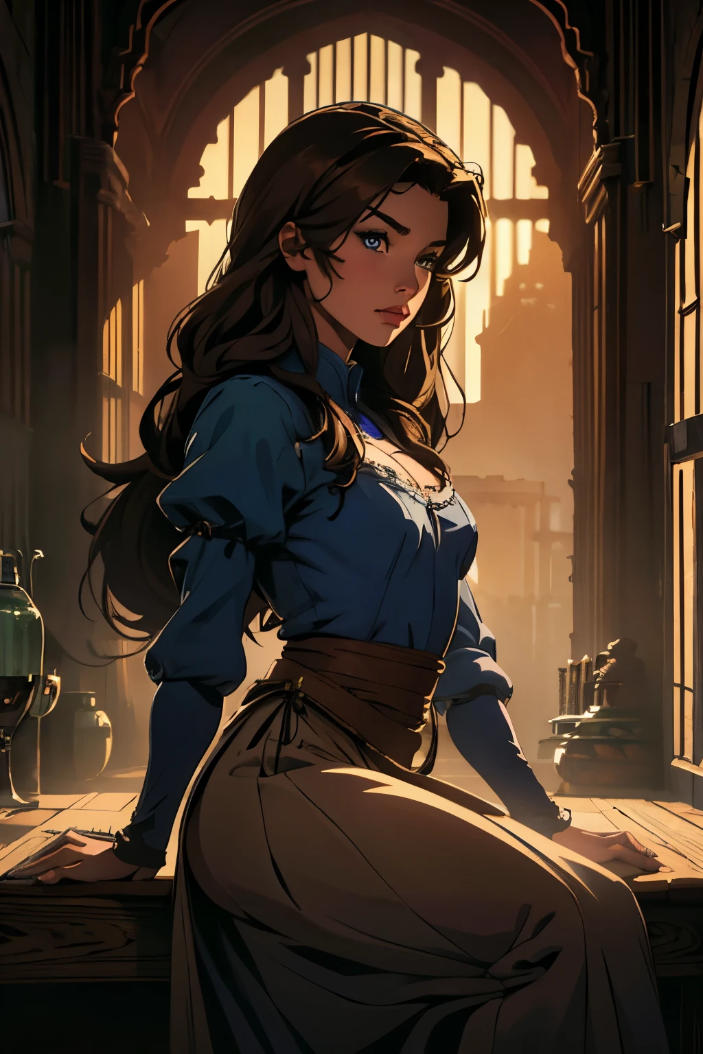 solo, ((masterpiece)),((high resolution)),((best quality)), extremely fine and beautiful, super fine illustration, (realistic skin), (insanely detailed anime eyes), mature, vivid and beautiful, shocking sensation, incredibly detailed, beautiful detailed girl, side view, looking at viewer, (cotton dress and surcotte ), long dress, (tavern wench), drifter, peasant, lowborn, vagrant, (medieval), ((brown hair)), (very long hair), (small breasts:0.9), (plump thighs:0.6), (wide hips:0.6), (plump ass:0.7) movie lighting, perfect shadow, realistic lighting shaded, medieval scenery