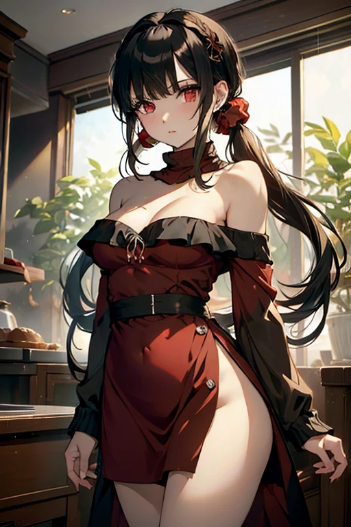 masterpiece, yor, 1girl, Amazing Cleavage:1.3, thin waist, big ass, Raised sexy, medium breast: 1.3 posed cleavage:1.2、solo, looking at viewer, open mouth, have a cup of coffee,black hair, red eyes, dress, bare shoulders, jewelry, collarbone, sidelocks, hairband, earrings, indoors, off shoulder, :o, sweater, arms behind back, plant, short hair with long locks, white hairband, off-shoulder dress, sweater dress, off-shoulder sweater, red sweater, big side hair, very long side hair,is rendered in (masterpiece: 1.2, best quality), with (ultra high resolution) and an exquisite (depth of field). This masterpiece is not only visually stunning but also tells, make of cake cooking ,in the kitchen