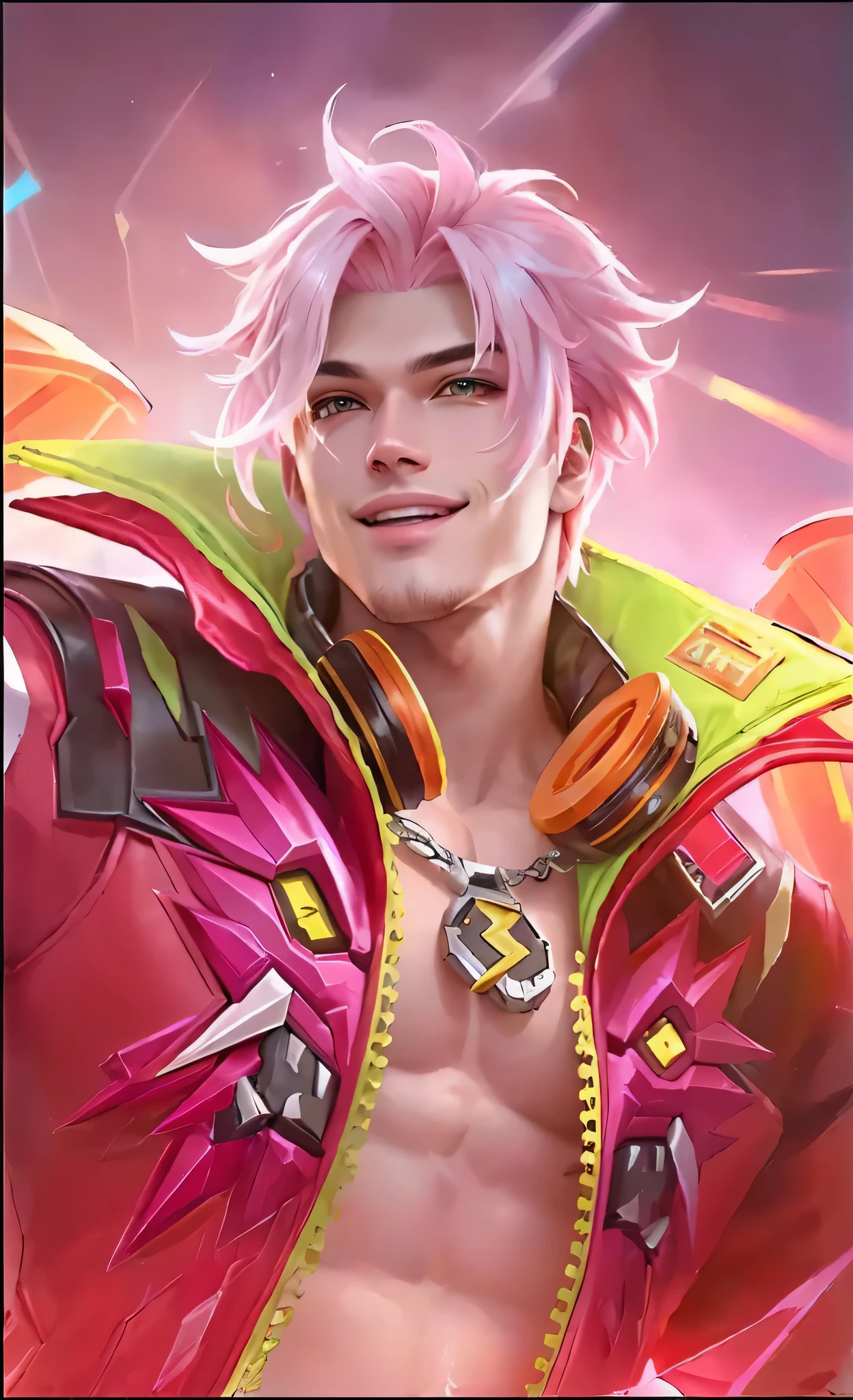 Ultra detail texture, ulta detail, ultra hight, realistic, 16k, fredrinn (/mobile legends bang-bang/), perfect body, full body, 1 man, detail eyes, detail smile, detail face, Pink hair, red jacket